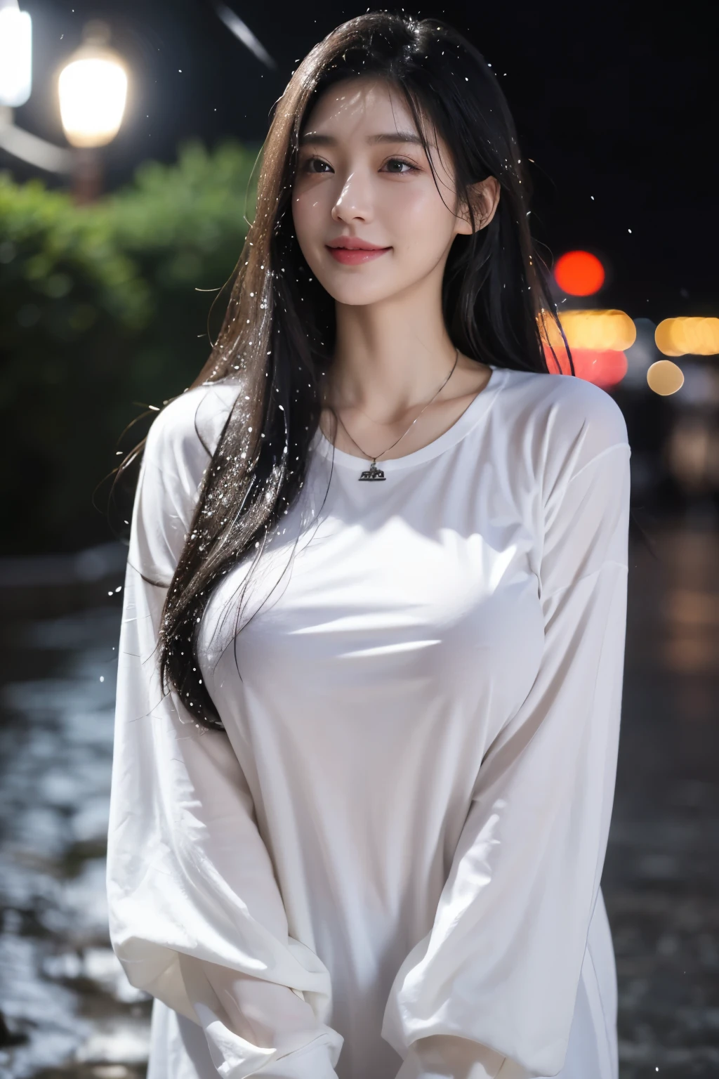 (top-quality,​masterpiece:1.3,超A high resolution,),(ultra-detailliert,Caustics),(Photorealsitic:1.4,RAW shooting,)Ultra-realistic capture,A highly detailed,high-definition16Kfor human skin、(Large breast) ((Jewelry)) ,Hair ornament , Necklace ,Skin texture is natural、、The skin looks healthy with an even tone、 Use natural light and color,One 25 years old , random hair style , white body press t-shirt, tight_shirt, (smile:1.2), city street, (photorealistic:1.2), (ultra realistic:1.3), (very detailed:1.1), ((masterpiece)), super big round breast, mega big under tshirt, large breasts , ((wet clothes)) , (( wet body )) ,japanes,,kawaii,A dark-haired,Middle hair,(depth of fields、chromatic abberation, Wide range of lighting、Natural Shading、)、(Exterior light at night:1.4)、(Falling snow:1.3)、(Hair swaying in the wind:1.2)、(Light reflecting snow:1.0)  ,full Satisfaction mood expression ,  camera from drone 