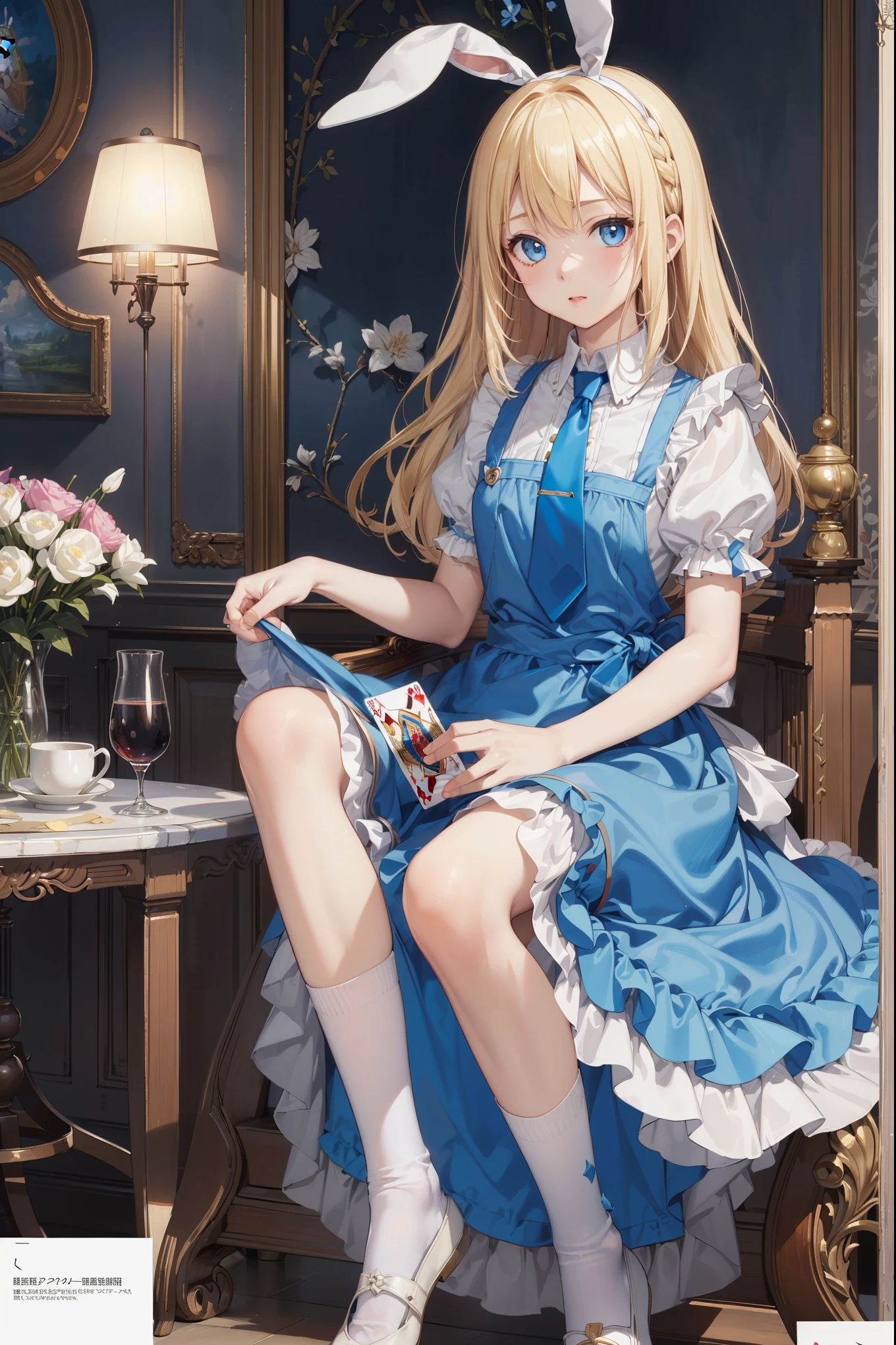 (Official art、Best Quality、Unity 8k Wallpapers、32K、​masterpiece、ultra-detailliert、超A high resolution)、Fantastical、((alice in the wonderland))、a blond、Tie your hair with a ribbon、Blue colored eyes、Blue Apron Dress、white sock、PlayingCards、bunny rabbit