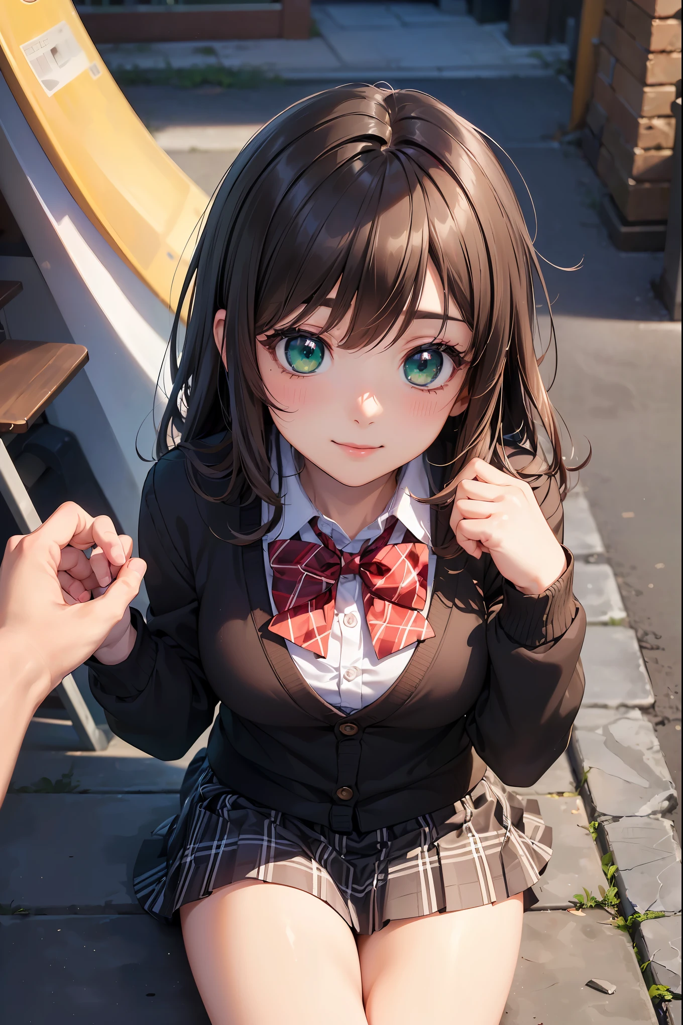 ((masterpiece, best quality, highres, UHD, perfect pixel, depth of field, 4k, RTX, HDR))), 1girl, single, solo, beautiful anime girl, beautiful artstyle, anime character, ((long hair, bangs, brown hair, curly hair:0.5)), ((green eyes:1.4, rounded eyes, beautiful eyelashes, realistic eyes)), ((detailed face, blushing:1.2)), ((smooth texture:0.75, realistic texture:0.65, photorealistic:1.1, anime CG style)), medium breasts, dynamic angle, perfect body, ((portrait, pov)), ((red bowtie, school uniform, black jacket, open jacket, brown cardigan, white shirt, black skirt, plaid skirt)), smile, hands up, amusement park