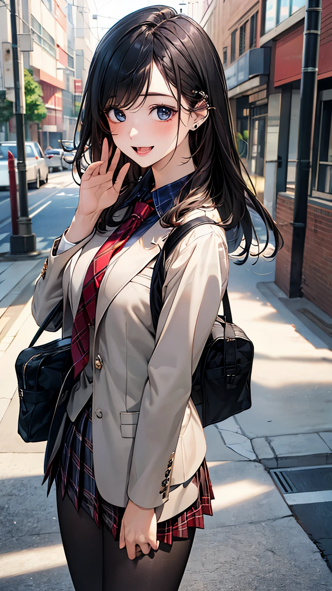 (masterpiece:1.2, top-quality), (realistic, photorealistic:1.4), beautiful illustration, (natural side lighting, movie lighting),
looking at viewer, fullbody, 1 girl, japanese, high school girl, perfect face, cute and symmetrical face, shiny skin, babyface,
(long hair, straight hair, hairpin, black hair), swept bangs, blue eyes, big eyes, drooping eyes, (middle breasts, seductive thighs, big ass), piercings,
beautiful hair, beautiful face, beautiful detailed eyes, beautiful clavicle, beautiful body, beautiful chest, beautiful thigh, beautiful legs, beautiful fingers,
((white cute blazer, (black collared shirt), red plaid pleated miniskirt, red tie), black pantyhose), navy school bag,
(beautiful scenery), evening, street, school desk, walking, waving hand, (lovely smile, upper eyes, open mouth),