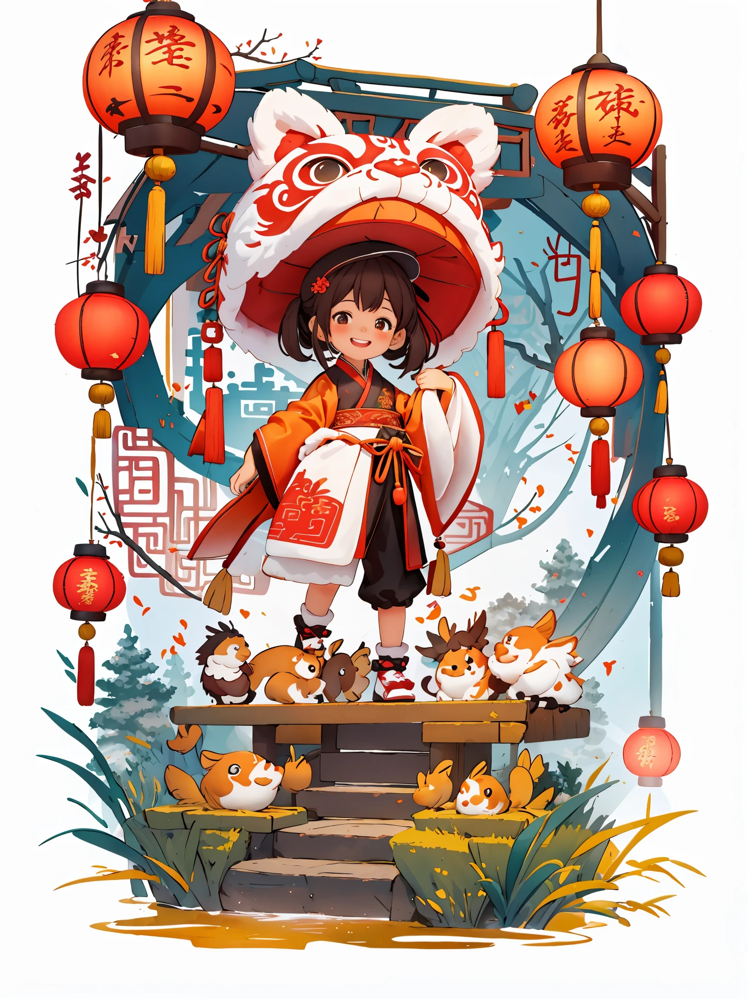 （masterpiece，quality，Best quality，Decorative painting：1.3，official art，Beauty and aesthetics：1.2），（1 cute girl：1.3），alone，Brown double ponytail,hair accessories, (Chinese fabric:1.2), Hanfu，Smile，happy，Happy，CNY,Welcome the winter solstice，The content is very detailed，（fractal art：1.1），（a color：1.1）（Red carp swimming in the air：1.2），Big red lanterns hung high，（ tangled:1.2), (dynamic poses), (abstract background:1.3), (skin glowing), (Many colors:1.2), ），light，ink画，ink，correct anatomy