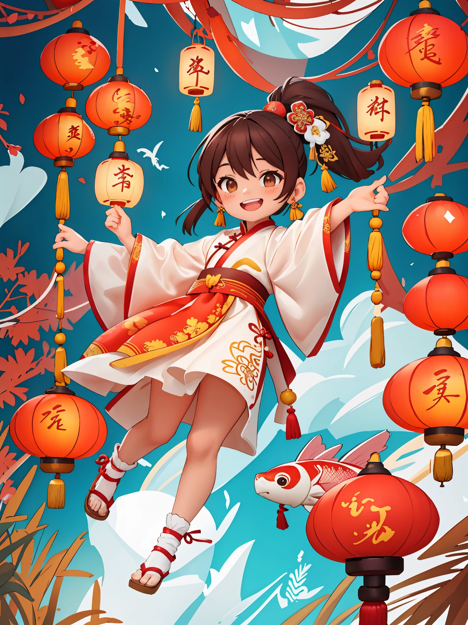 （masterpiece，quality，Best quality，Decorative painting：1.3，official art，Beauty and aesthetics：1.2），（1 cute girl：1.3），alone，Brown double ponytail,hair accessories, (Chinese fabric:1.2), Hanfu，Smile，happy，Happy，CNY,Welcome the winter solstice，The content is very detailed，（fractal art：1.1），（a color：1.1）（Red carp swimming in the air：1.2），Big red lanterns hung high，（ tangled:1.2), (dynamic poses), (abstract background:1.3), (skin glowing), (Many colors:1.2), ），light，ink画，ink，correct anatomy