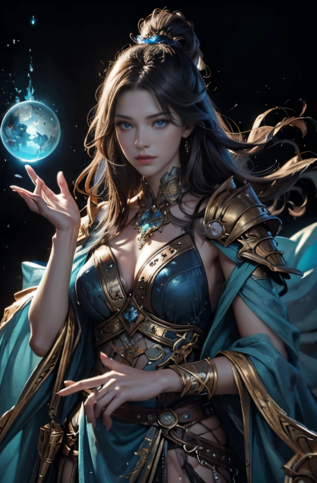 beautiful magician woman, wizard,  highest level magic user, Both fire and water attributes, water ball on right hand、fireball in left hand, Fire Spirit, Water Spirit, Creation ritual, 4K fantasy art, Written by Jean Jay., fantasy art style, 2. 5D CGI Anime Fantasy Artwork, epic fantasy art style hd, Epic fantasy digital art style, detailed fantasy art, Detailed digital 2D fantasy art, Ruan Jia and Artgerm, 8K fantasy art, sharp outline, extremely detailed and beautiful eyes, blue eyes without pupils, beautiful blue eyes, pretty much beautiful face, Also々Appearance, Valhalla, unparalleled beauty, masterpiece, highest quality, perfect angle, perfect composition, best shot, official art, cinematic light, very beautiful and fantastic scenery, chivalry dream, sense of presence, Michael Letter, Christoph Huge 、Ultra-precise painting, luminism, art by Carne Griffiths and what a bone concept art, 4K resolution, fractal isometricdetailbioluminescence , 3D rendering, octane rendering, intricately detailed , cinematic, trending on artstation Isometric Centered hyperrealistic cover photo awesome full color, written by hand, Defining a hit , cinematic,amazing background, abstract beauty,stand, approaching perfection, pure form, golden ratio, minimalistic, unfinished, concept art, Written by Brian Froud、Khan Griffith、what a bone、john william waterhouse, intricate details, 8K post production, High resolution, hyper detail, Trends in Artstation, studio photography, intricate details, very detailed, By Gregg Rutkowski, monster encounter