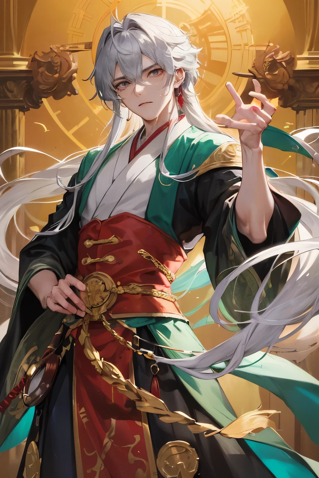 Draw a vibrant and captivating picture of the male protagonist Dongfang Bubai, the legendary martial arts master from the novel, with a palette of rich colors. His long, flowing silver hair cascades down his broad shoulders, framing his chiseled and sternly handsome face. His deep-set, piercing black eyes gleam with an intensity that belies his calm composure.

Dongfang Bubai wears an ornate and elegant robe of deep purple, adorned with intricate gold and jade embroidery. The robe flows gracefully around his toned and powerful physique, exuding an aura of both grace and strength. His