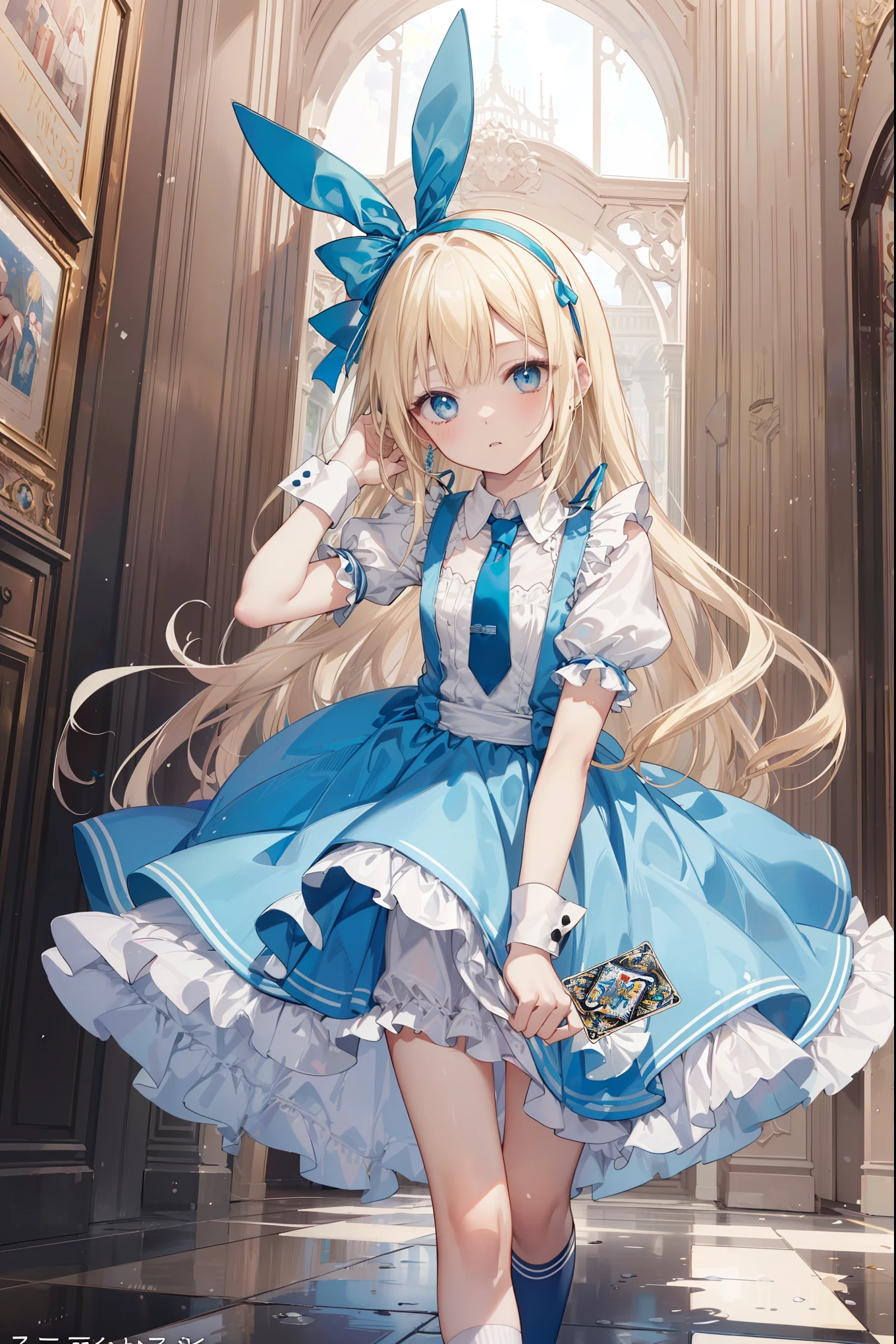 (Official art、Best Quality、Unity 8k Wallpapers、32K、masterpiece、ultra-detailliert、超A high resolution)、Fantastical、((alice in the wonderland))、a blond、Tie your hair with a ribbon、Blue colored eyes、Blue Apron Dress、white sock、PlayingCards、bunny rabbit