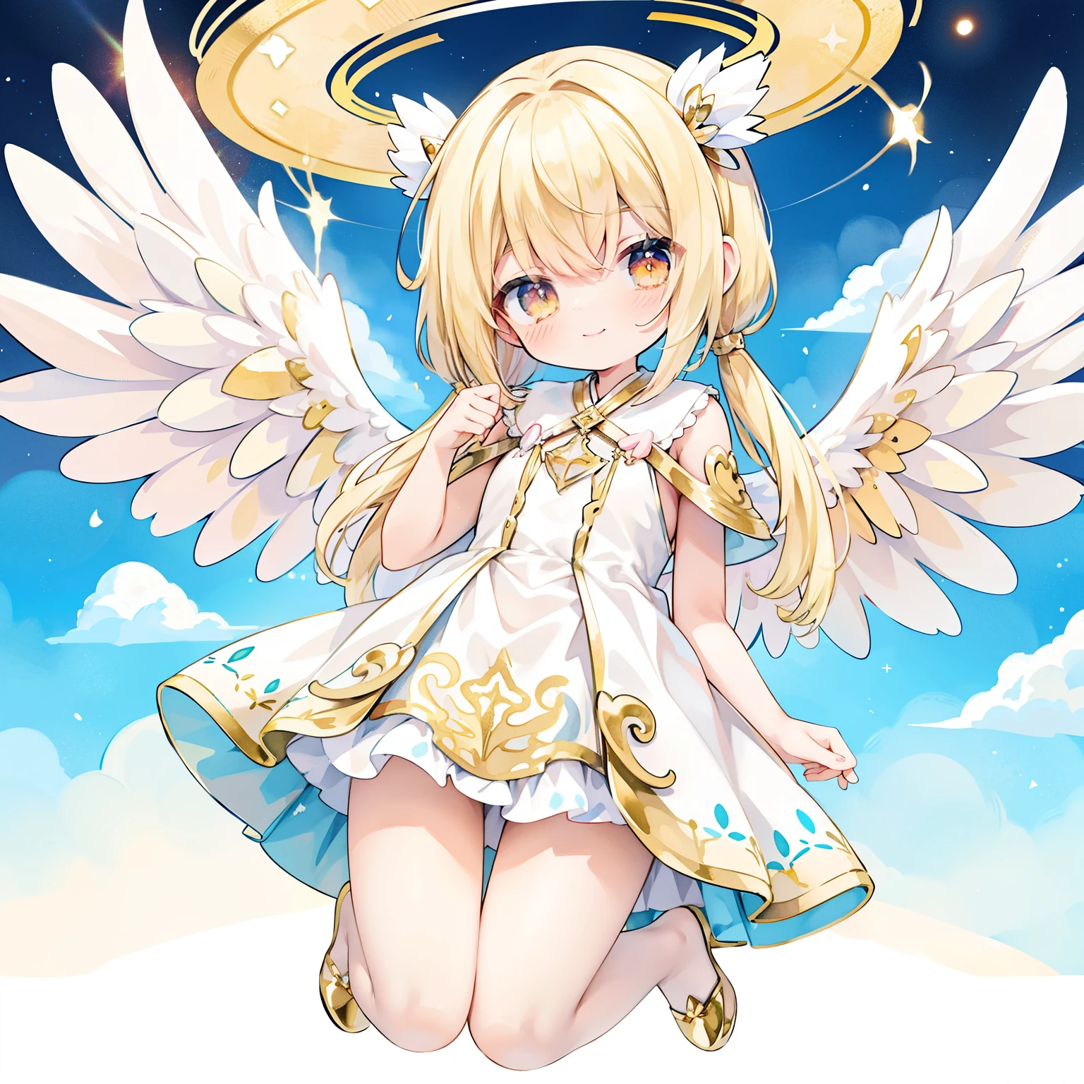(PastelColors:1.3)、(Cute illustration:1.3)、(watercolor paiting:1.1)、highest quality, masterpiece, surreal, High resolution, very detailed, 8K, (one girl:1.3), cute, anime, clear white skin,,gold angel, twin tails, blonde hair, golden eyes, dress, happy smile, fullbody,has large golden wings on its back、shining angel ring、wore an evening dress、jumping、
