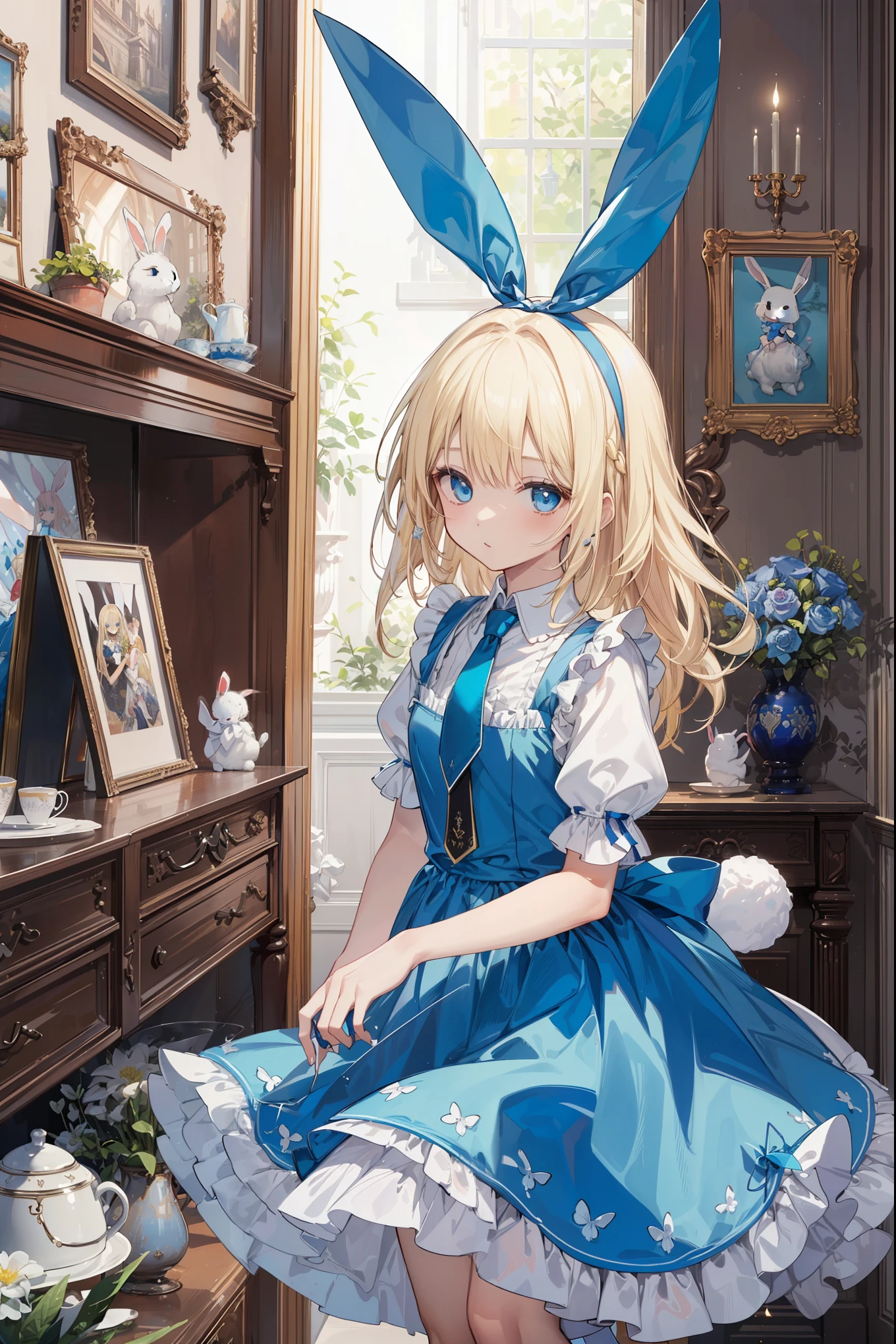 (Official art、Best Quality、Unity 8k Wallpapers、32K、​masterpiece、ultra-detailliert、超A high resolution)、Fantastical、((alice in the wonderland))、a blond、Tie your hair with a ribbon、Blue colored eyes、Blue Apron Dress、white sock、PlayingCards、bunny rabbit