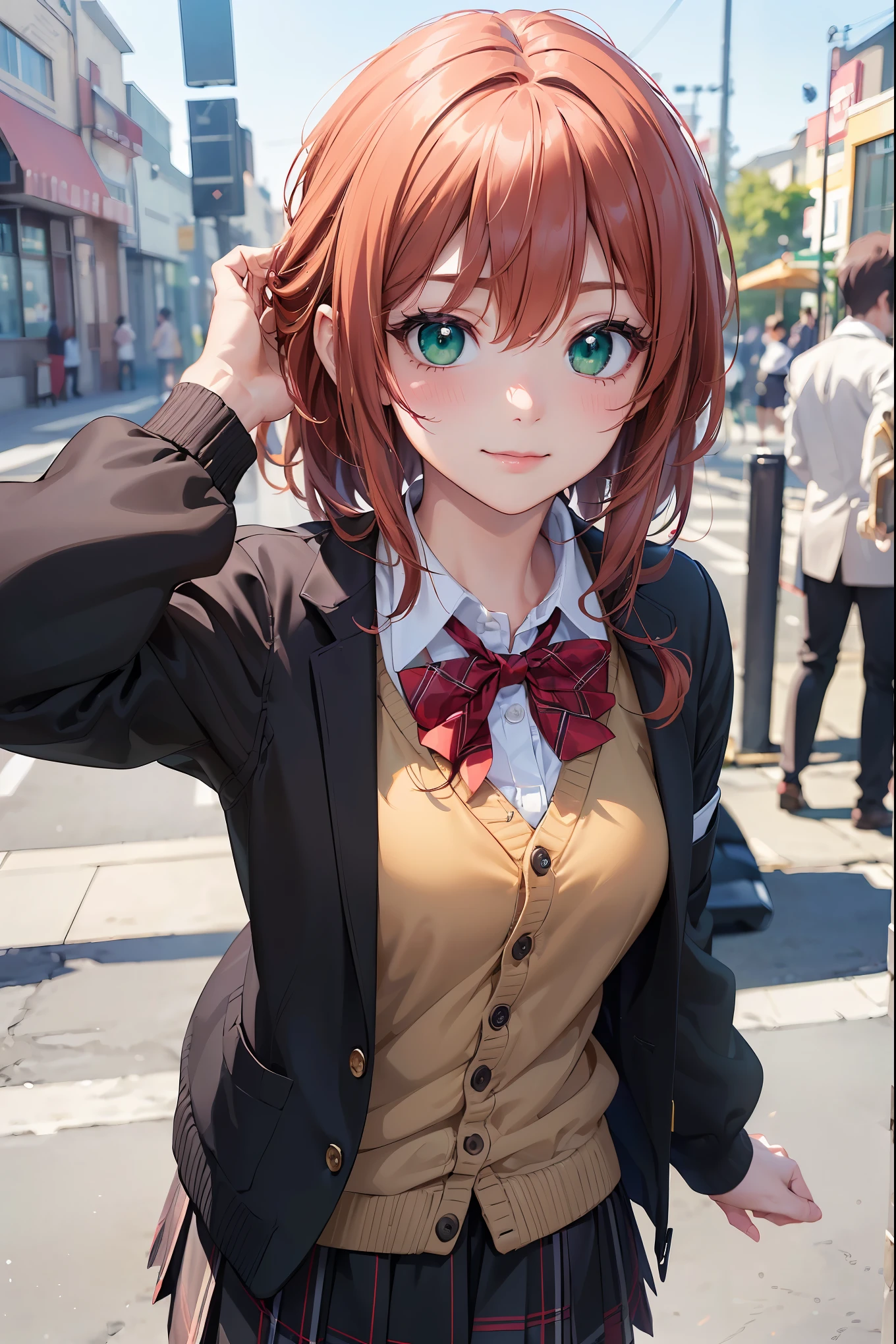 ((masterpiece, best quality, highres, UHD, perfect pixel, depth of field, 4k, RTX, HDR))), 1girl, single, solo, beautiful anime girl, beautiful artstyle, anime character, ((long hair, bangs, brown hair, curly hair:0.5)), ((green eyes:1.4, rounded eyes, beautiful eyelashes, realistic eyes)), ((detailed face, blushing:1.2)), ((smooth texture:0.75, realistic texture:0.65, photorealistic:1.1, anime CG style)), medium breasts, dynamic angle, perfect body, ((portrait, pov)), ((red bowtie, school uniform, black jacket, open jacket, brown cardigan, white shirt, black skirt, plaid skirt)), smile, hands up, amusement park