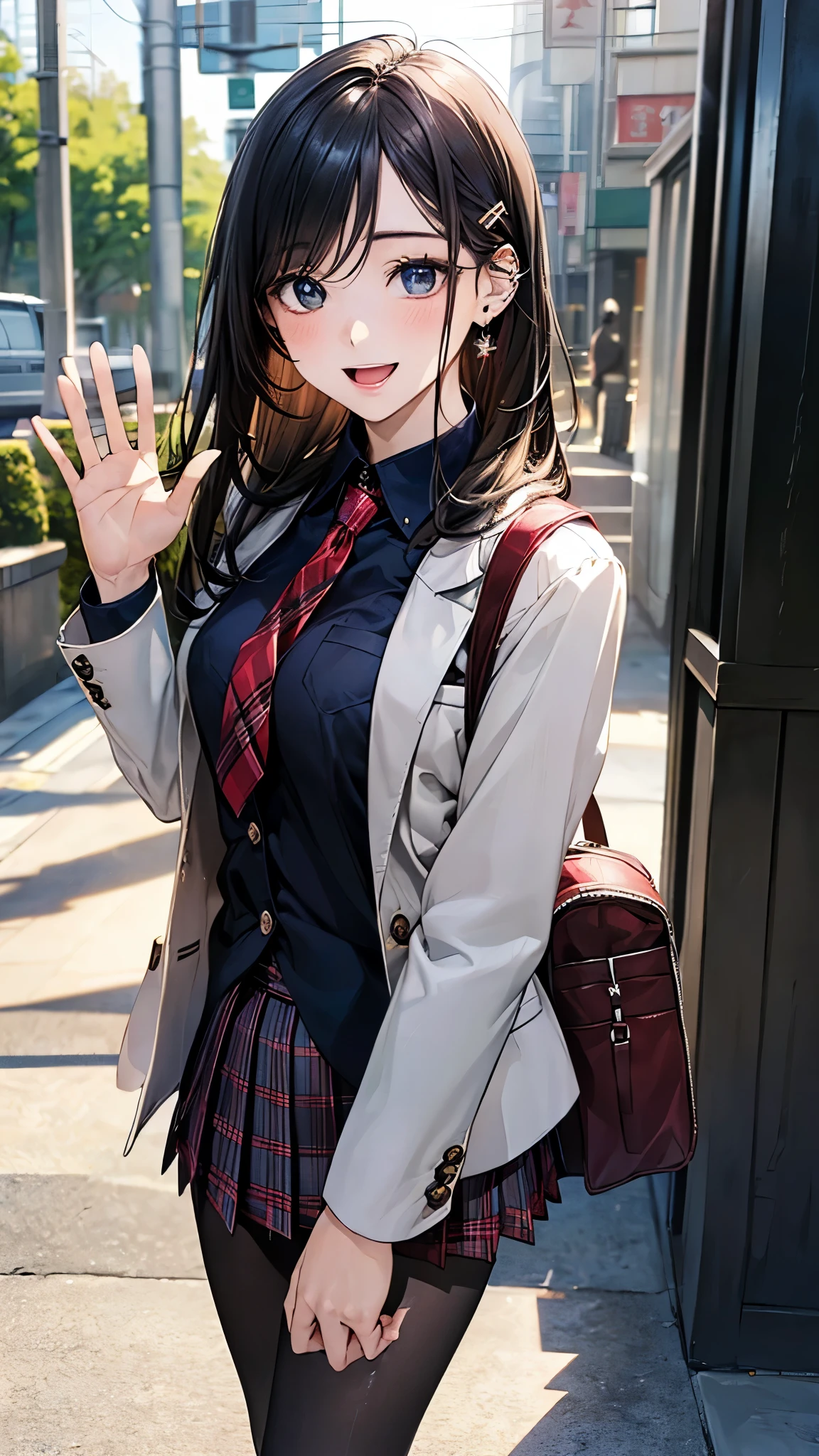 (masterpiece:1.2, top-quality), (realistic, photorealistic:1.4), beautiful illustration, (natural side lighting, movie lighting),
looking at viewer, fullbody, 1 girl, japanese, high school girl, perfect face, cute and symmetrical face, shiny skin, babyface,
(long hair, straight hair, hairpin, black hair), swept bangs, blue eyes, big eyes, drooping eyes, (middle breasts, seductive thighs, big ass), piercings,
beautiful hair, beautiful face, beautiful detailed eyes, beautiful clavicle, beautiful body, beautiful chest, beautiful thigh, beautiful legs, beautiful fingers,
((white cute blazer, (black collared shirt), red plaid pleated miniskirt, red tie), black pantyhose), navy school bag,
(beautiful scenery), evening, street, school desk, walking, waving hand, (lovely smile, upper eyes, open mouth),