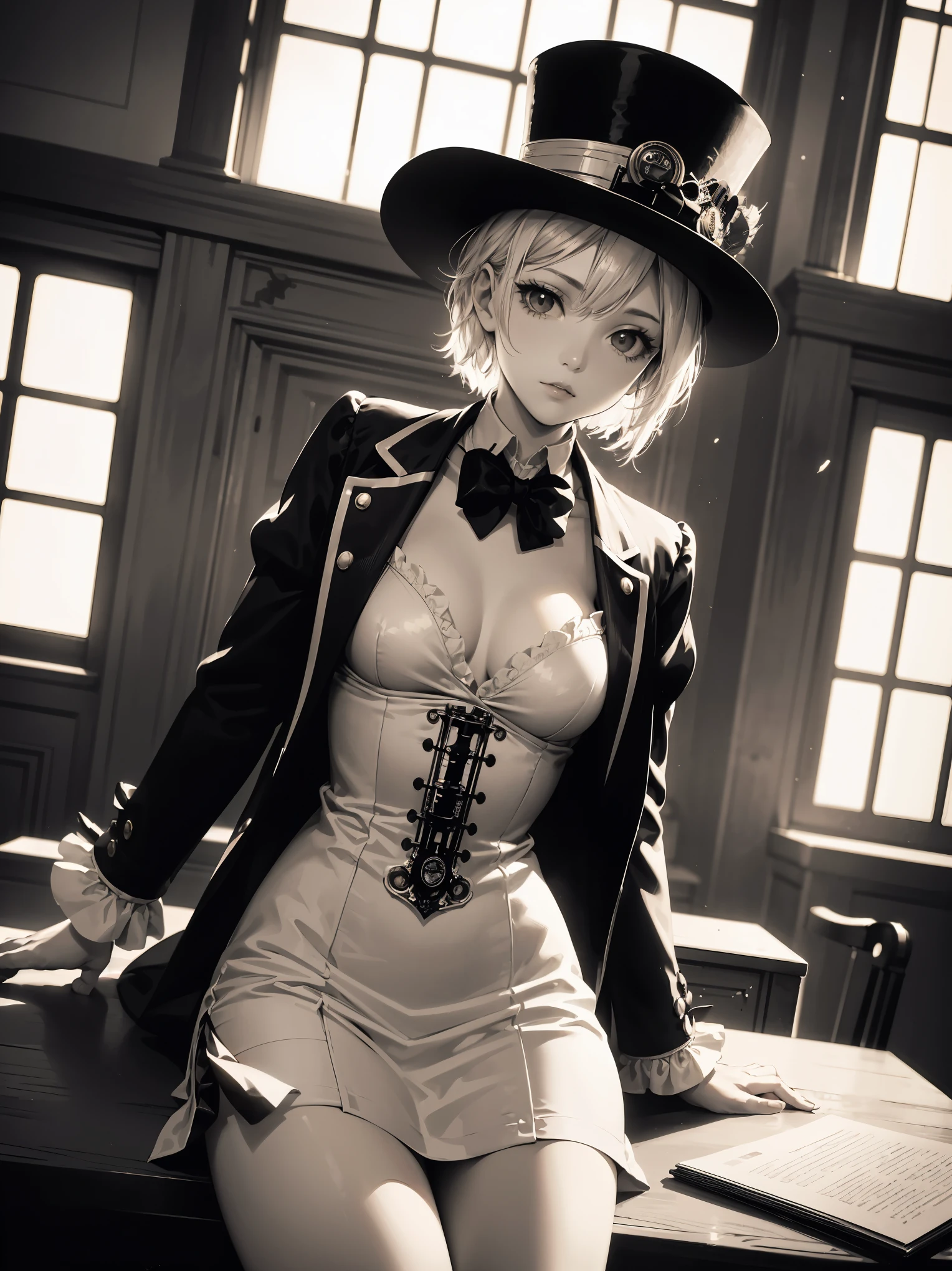 all the intricate details: "(16 years old, White steampunk victorian short dress and top hat, firm chest, medium breasts, sexy woman, natural side lighting, high contrast, canon eos camera, 50mm professional lens)"