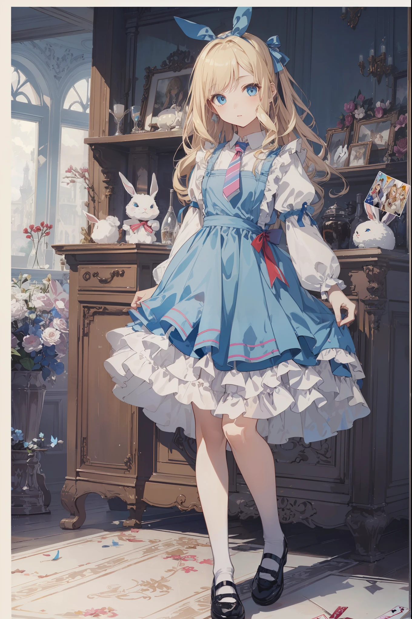 (Official art、Best Quality、Unity 8k Wallpapers、32K、​masterpiece、ultra-detailliert、超A high resolution)、Fantastical、((alice in the wonderland))、a blond、Tie your hair with a ribbon、Blue colored eyes、Blue Apron Dress、white sock、PlayingCards、bunny rabbit