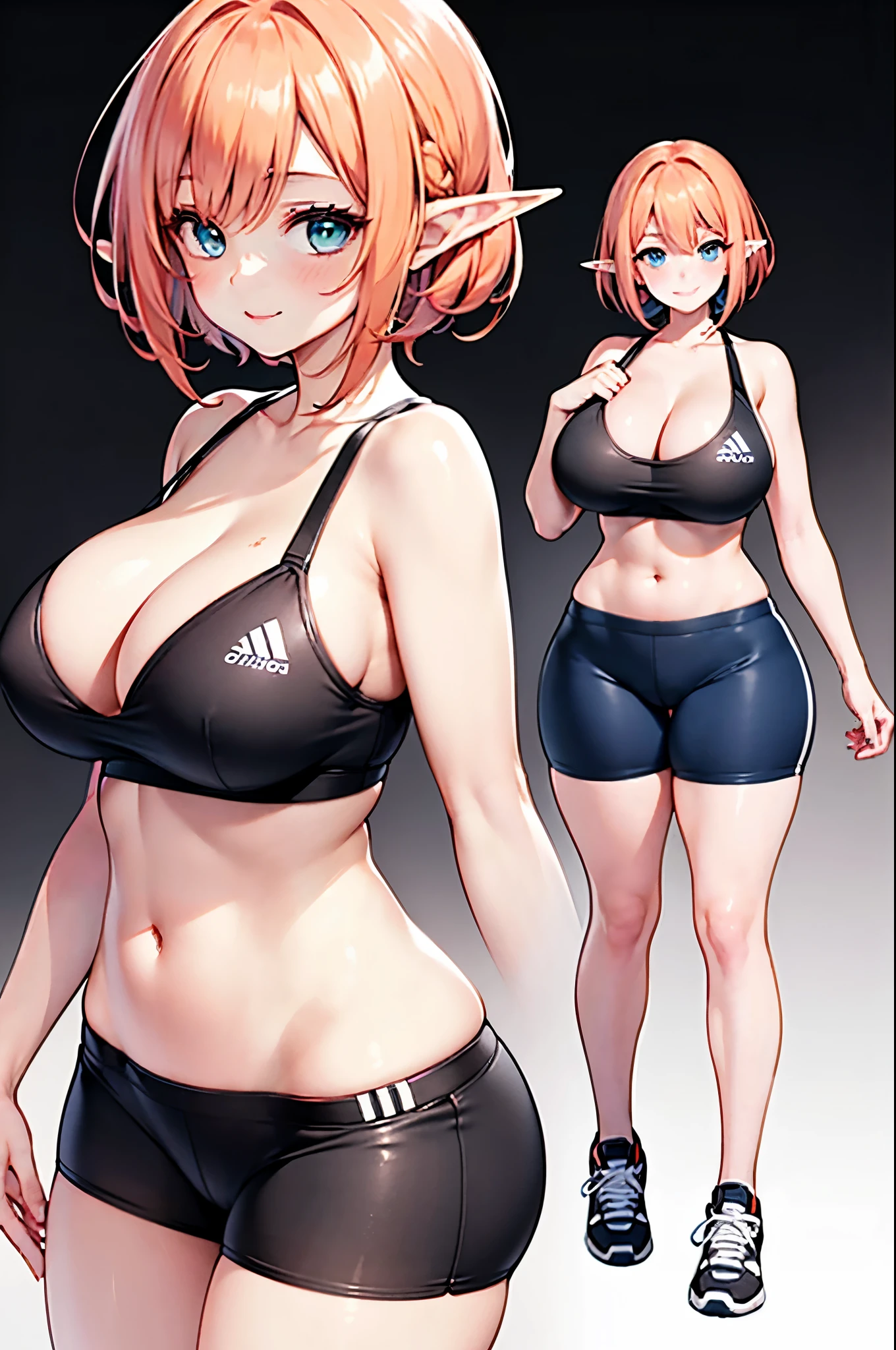 realistic image, coherent image, detailed image, 1 beautiful elf, She has orange hair, short hair, she is wearing a green ribbon, blue eyes, her face is oval and delicate, Blushing, smiling, She is wearing a sporty top, sporty shorts, sporty sneakers, She has a curvy body, big breasts, thick thighs, sexy pose, surrounded by trophies, black background
