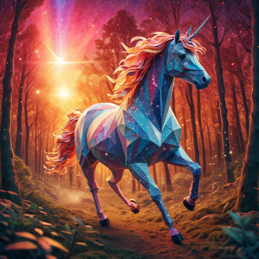 stunning "ponytailed (warm light unicorn:1.2)", zentangle sky, origami forest, starry sky, sparkles in the sky, speed up, raimbow, fantasy, 3d crunch, cinematic, in the forest, action, emotive, furious unicorn stud, run, be free, now is you time, scape!!