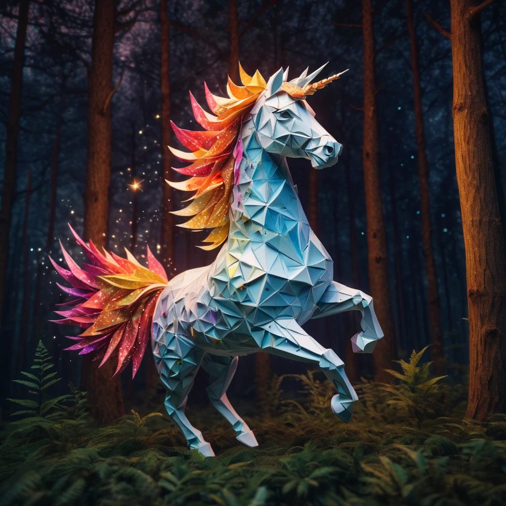 stunning "ponytailed (warm light unicorn:1.2)", zentangle sky, origami forest, starry sky, sparkles in the sky, speed up, raimbow, fantasy, 3d crunch, cinematic, in the forest, action, emotive, furious unicorn stud, run, be free, now is you time, scape!!