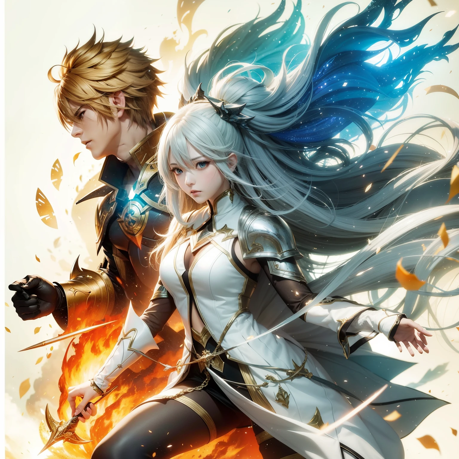 Couple art in fantasy anime mythic action effect, sharp focus, studio photo, masterpiece, UHD, stylized, white background