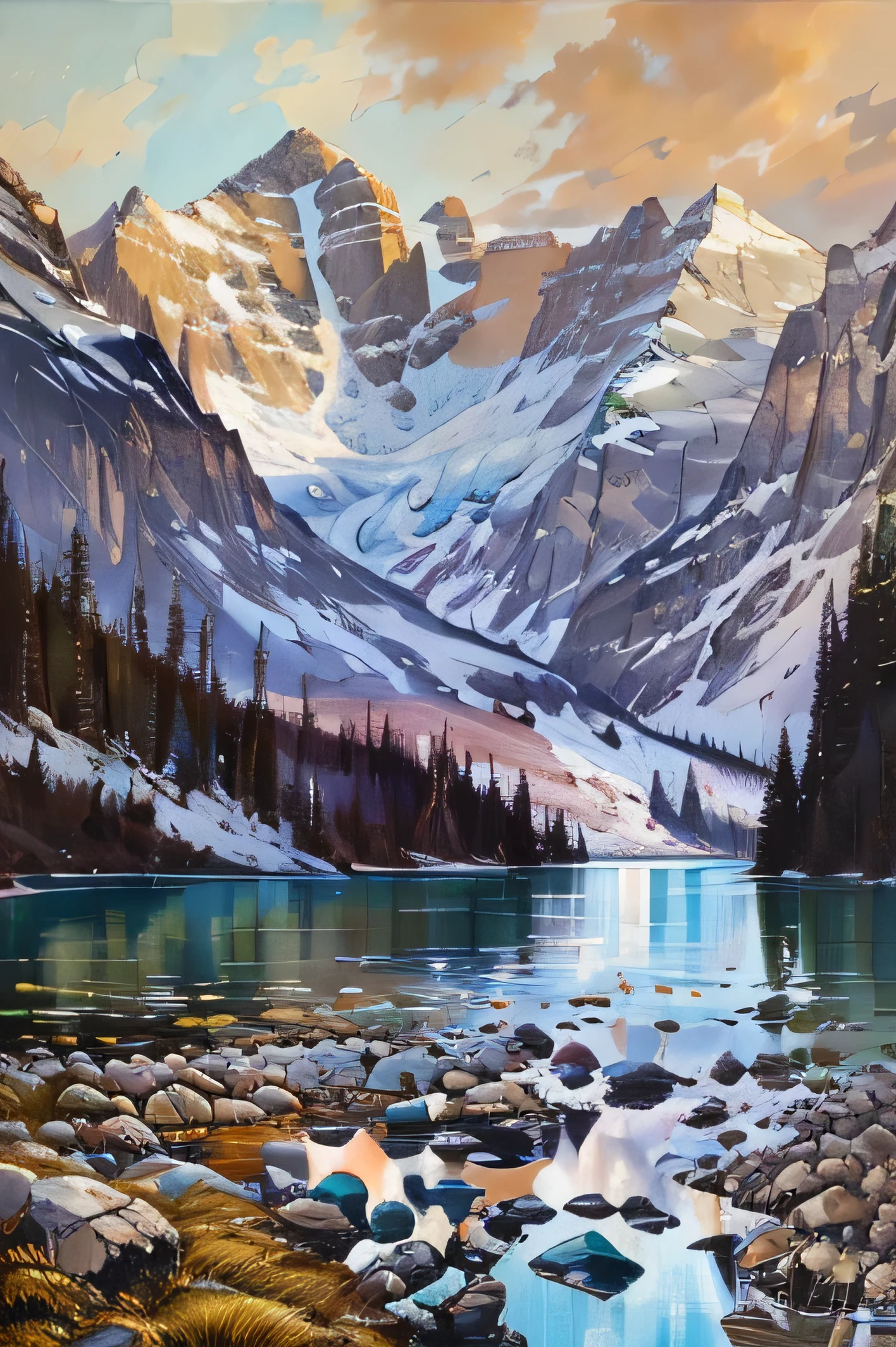painting of a mountain lake with rocks and trees in the foreground, inspired by James Pittendrigh MacGillivray, by Charles Roka, by Michael Sutfin, high reflections oil, 2021 award winning painting, 2 0 2 1 award winning painting, lakeside mountains, detailed acrylic painting, high detailed painting, by Randall Schmit, by David Park