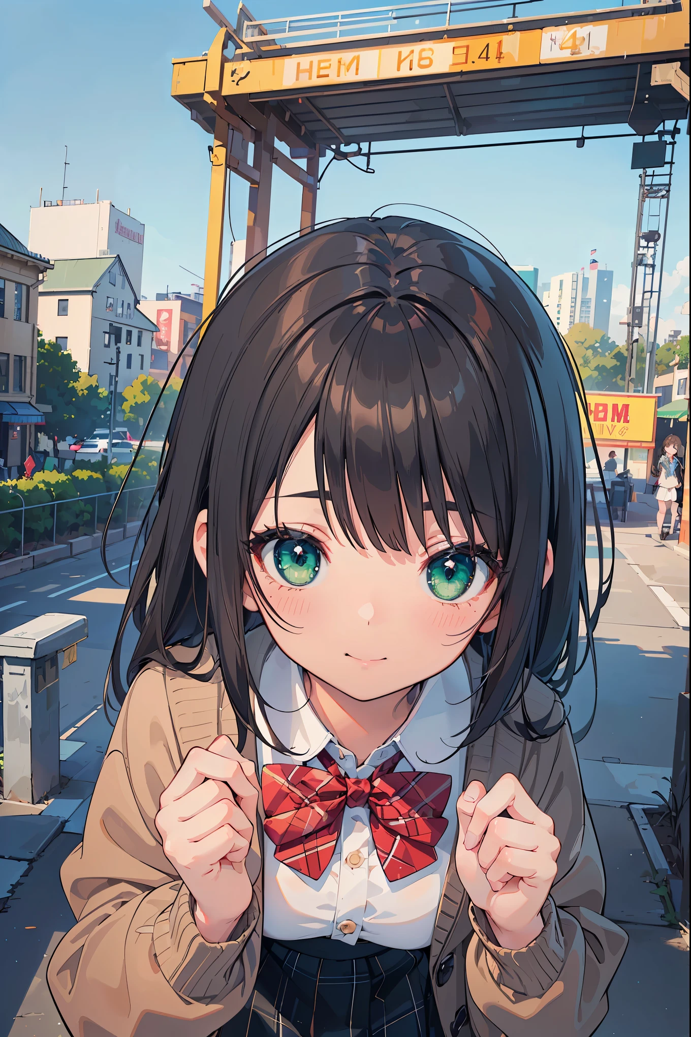 ((masterpiece, best quality, highres, UHD, perfect pixel, depth of field, 4k, RTX, HDR))), 1girl, single, solo, beautiful anime girl, beautiful artstyle, anime character, ((long hair, bangs, brown hair, curly hair:0.5)), ((green eyes:1.4, rounded eyes, beautiful eyelashes, realistic eyes)), ((detailed face, blushing:1.2)), ((smooth texture:0.75, realistic texture:0.65, photorealistic:1.1, anime CG style)), medium breasts, dynamic angle, perfect body, ((portrait, pov)), ((red bowtie, school uniform, black jacket, open jacket, brown cardigan, white shirt, black skirt, plaid skirt)), smile, hands up, amusement park