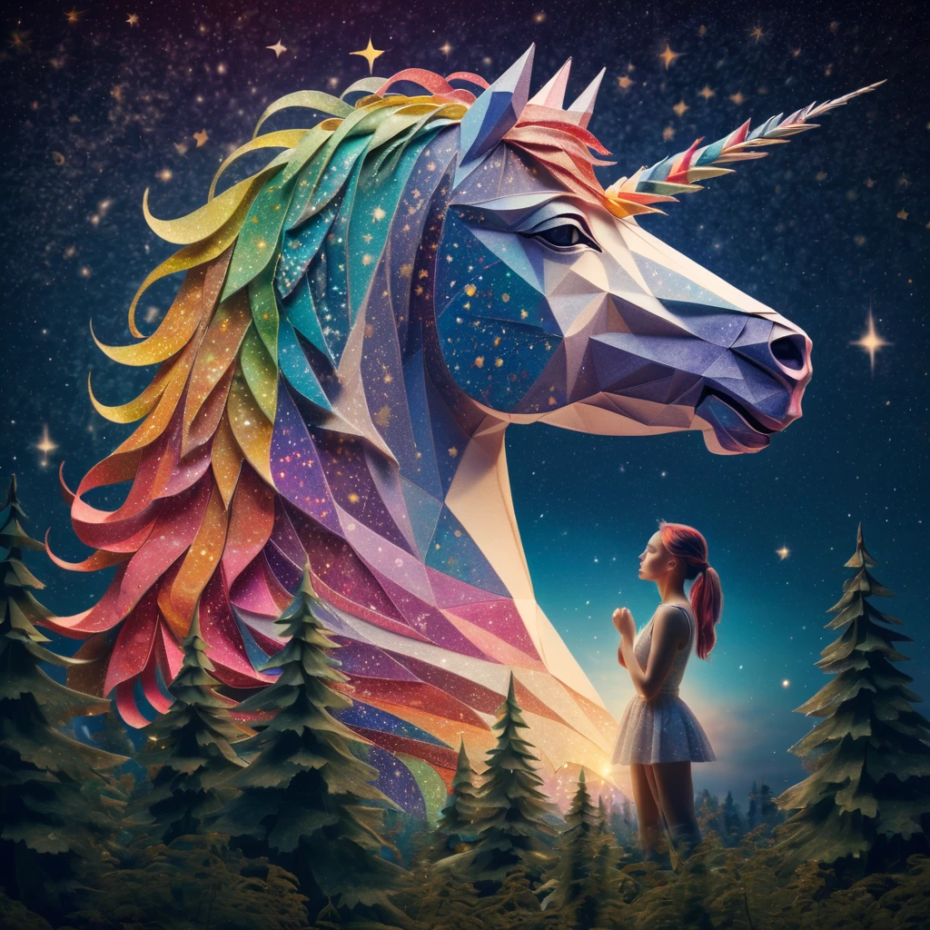 stunning "(elf:1.1),( woman:1.1)" and her "ponytailed (unicorn:1.2)", elf hears, zentangle sky, origami forest, starry sky, sparkles in the sky, speed up, raimbow, fantasy, 3d crunch, cinematic, in the forest,