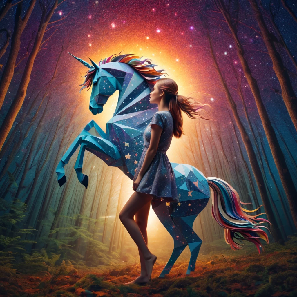 stunning ,"( woman:1.1)" and her "ponytailed (warm light unicorn:1.2)", zentangle sky, origami forest, starry sky, sparkles in the sky, speed up, raimbow, fantasy, 3d crunch, cinematic, in the forest,