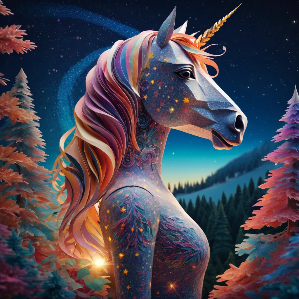 stunning ,"( woman:1.1)" and her "ponytailed (warm light unicorn:1.2)", zentangle sky, origami forest, starry sky, sparkles in the sky, speed up, raimbow, fantasy, 3d crunch, cinematic, in the forest,