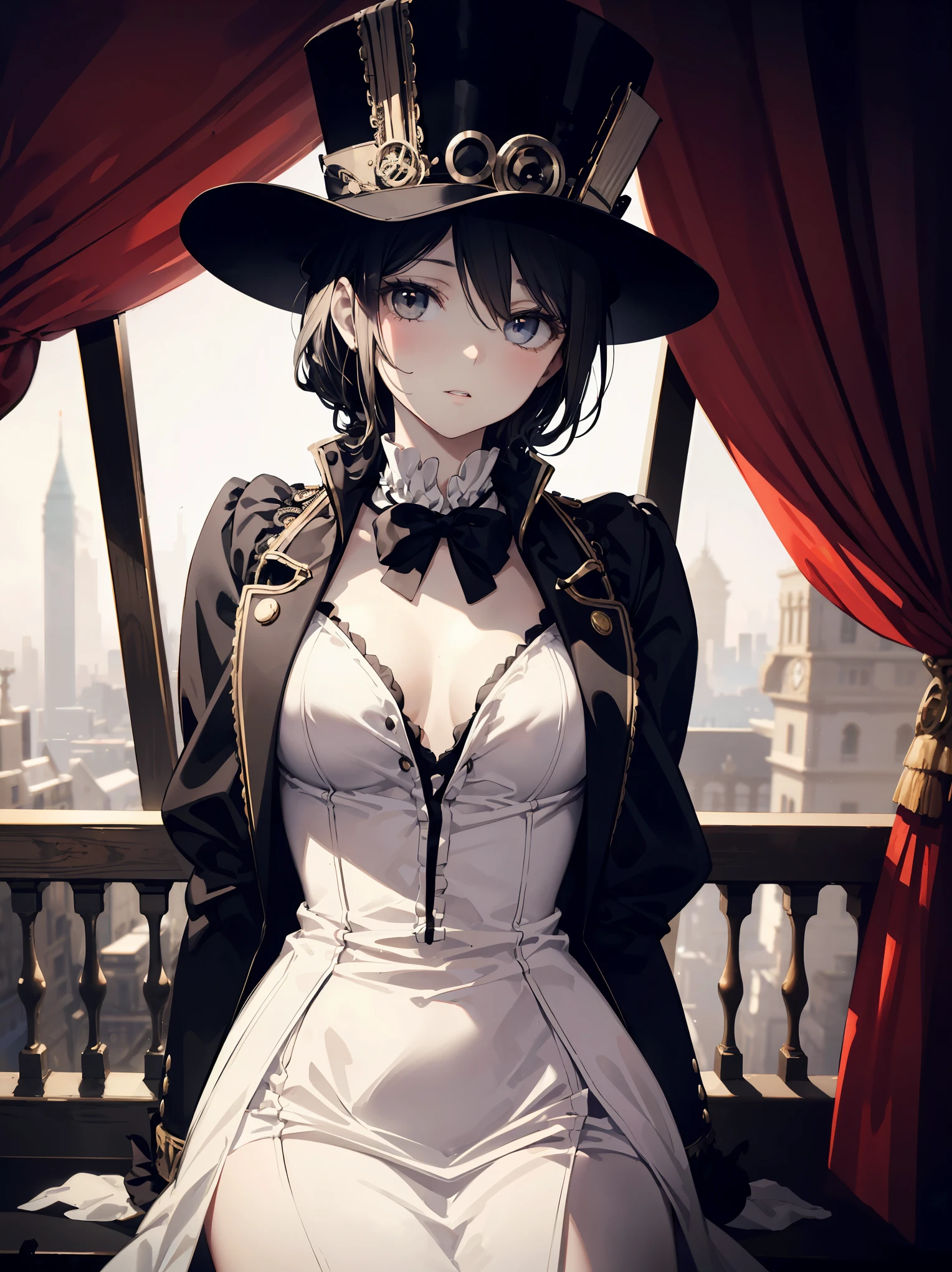 all the intricate details: "(, White steampunk victorian short dress and top hat, firm chest, medium breasts, sexy woman, natural side lighting, high contrast, canon eos camera, 50mm professional lens)"