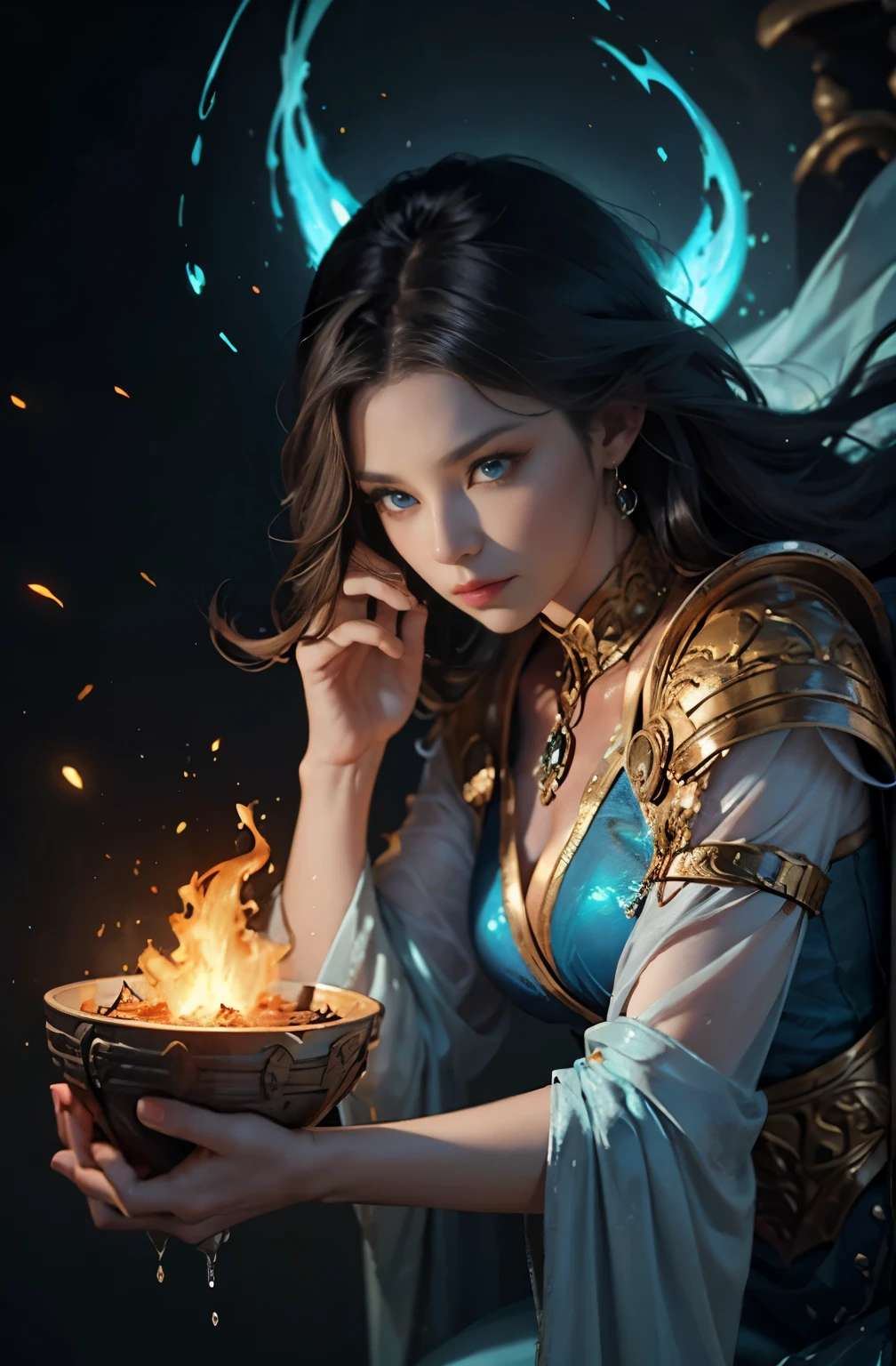 beautiful magician woman, wizard, highest level magic user, guardian of the kingdom, Both fire and water attributes, water ball on right hand、fireball in left hand, Fire Spirit, Water Spirit, Creation ritual, 4K fantasy art, Written by Jean Jay., fantasy art style, 2. 5D CGI Anime Fantasy Artwork, epic fantasy art style hd, Epic fantasy digital art style, detailed fantasy art, Detailed digital 2D fantasy art, Ruan Jia and Artgerm, 8K fantasy art, sharp outline, extremely detailed and beautiful eyes, blue eyes without pupils, beautiful blue eyes, pretty much beautiful face, Also々Appearance, Valhalla, unparalleled beauty, masterpiece, highest quality, perfect angle, perfect composition, best shot, official art, cinematic light, very beautiful and fantastic scenery, chivalry dream, sense of presence, Michael Letter, Christoph Huge 、Ultra-precise painting, luminism, art by Carne Griffiths and what a bone concept art, 4K resolution, fractal isometricdetailbioluminescence , 3D rendering, octane rendering, intricately detailed , cinematic, trending on artstation Isometric Centered hyperrealistic cover photo awesome full color, written by hand, Defining a hit , cinematic,amazing background, abstract beauty,stand, approaching perfection, pure form, golden ratio, minimalistic, unfinished, concept art, Written by Brian Froud、Khan Griffith、what a bone、john william waterhouse, intricate details, 8K post production, High resolution, hyper detail, Trends in Artstation, studio photography, intricate details, very detailed, By Gregg Rutkowski, monster encounter