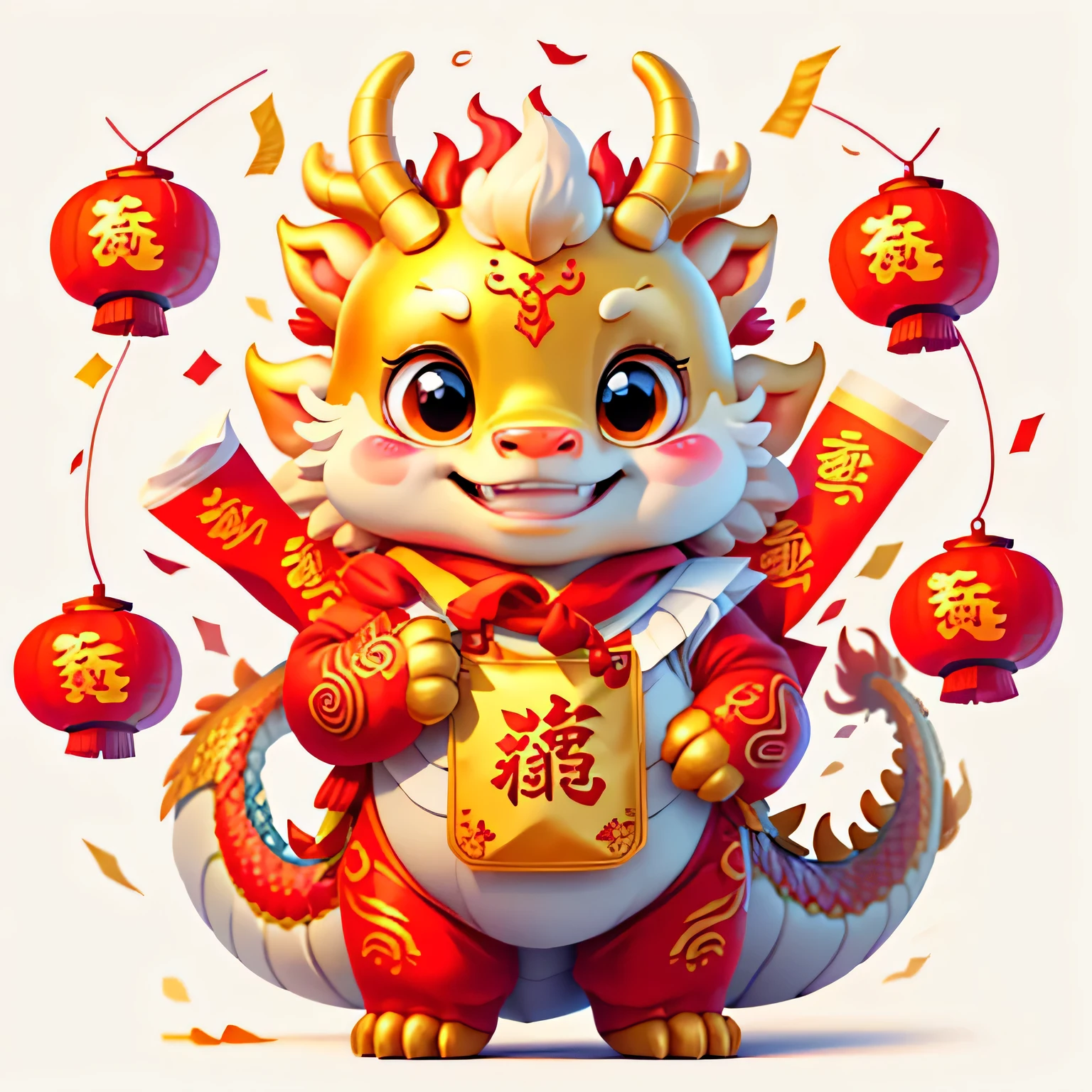 Chinese dragon，The background is casual，Delicate picture quality，HD，happy expression，golden dragon baby，Holding a bag of red envelopes