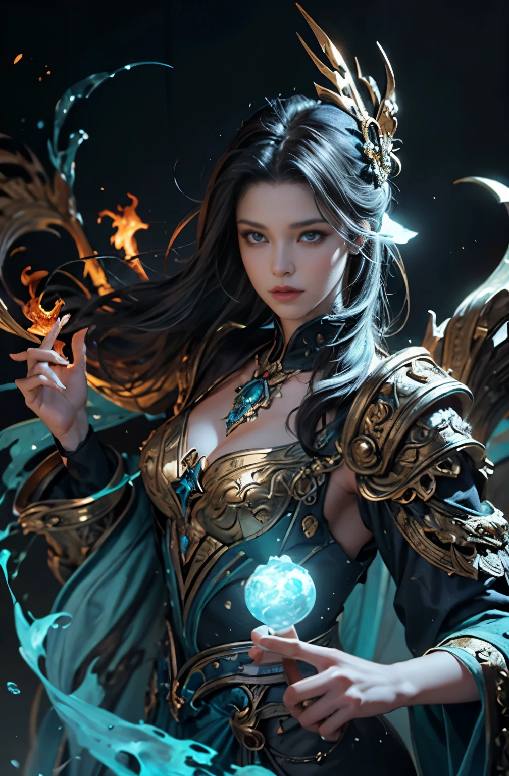 beautiful magician woman, wizard, highest level magic user, guardian of the kingdom, Both fire and water attributes, water ball on right hand、fireball in left hand, Fire Spirit, Water Spirit, Creation ritual, 4K fantasy art, Written by Jean Jay., fantasy art style, 2. 5D CGI Anime Fantasy Artwork, epic fantasy art style hd, Epic fantasy digital art style, detailed fantasy art, Detailed digital 2D fantasy art, Ruan Jia and Artgerm, 8K fantasy art, sharp outline, extremely detailed and beautiful eyes, blue eyes without pupils, beautiful blue eyes, pretty much beautiful face, Also々Appearance, Valhalla, unparalleled beauty, masterpiece, highest quality, perfect angle, perfect composition, best shot, official art, cinematic light, very beautiful and fantastic scenery, chivalry dream, sense of presence, Michael Letter, Christoph Huge 、Ultra-precise painting, luminism, art by Carne Griffiths and what a bone concept art, 4K resolution, fractal isometricdetailbioluminescence , 3D rendering, octane rendering, intricately detailed , cinematic, trending on artstation Isometric Centered hyperrealistic cover photo awesome full color, written by hand, Defining a hit , cinematic,amazing background, abstract beauty,stand, approaching perfection, pure form, golden ratio, minimalistic, unfinished, concept art, Written by Brian Froud、Khan Griffith、what a bone、john william waterhouse, intricate details, 8K post production, High resolution, hyper detail, Trends in Artstation, studio photography, intricate details, very detailed, By Gregg Rutkowski, monster encounter