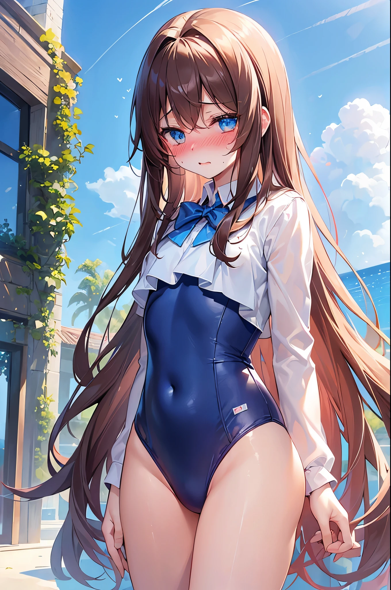 ((masterpiece、4K、8K、highest quality: 1.perfect fingers: 1.perfect anatomy: 1.3、background blur))、((Super precise expression))、,((16 years old、thin、small face、super beautiful girl、brown hair、straight long hair))、((Blazer school uniform one piece swimsuit、barefoot)):1.3、barefoot、cute eyes:1.1、(Blushing and embarrassed:1.3)、(Are standing、whole body:1.5)、(Summer blue sky、sunlight、white sand beach)、