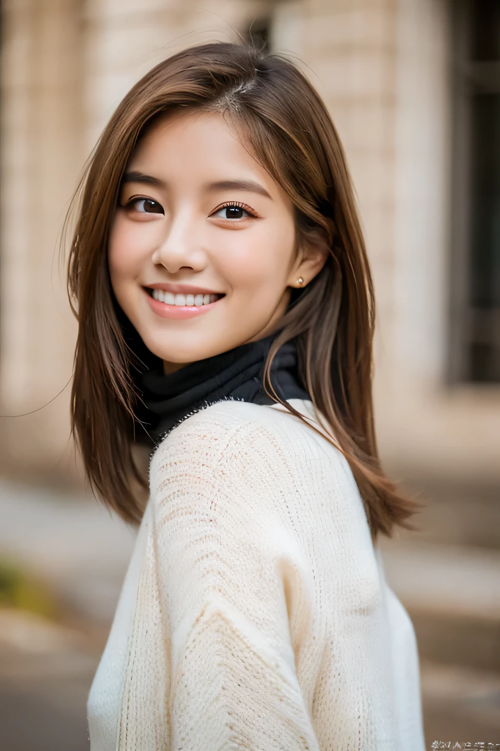 highest quality, masterpiece, (realistic:1.4), 1 girl, smiling eyes, (Ulchan-6500-v1.1:1.0), brown hair, black eye, 18-year-old, Beautiful woman, actress, white turtleneck,