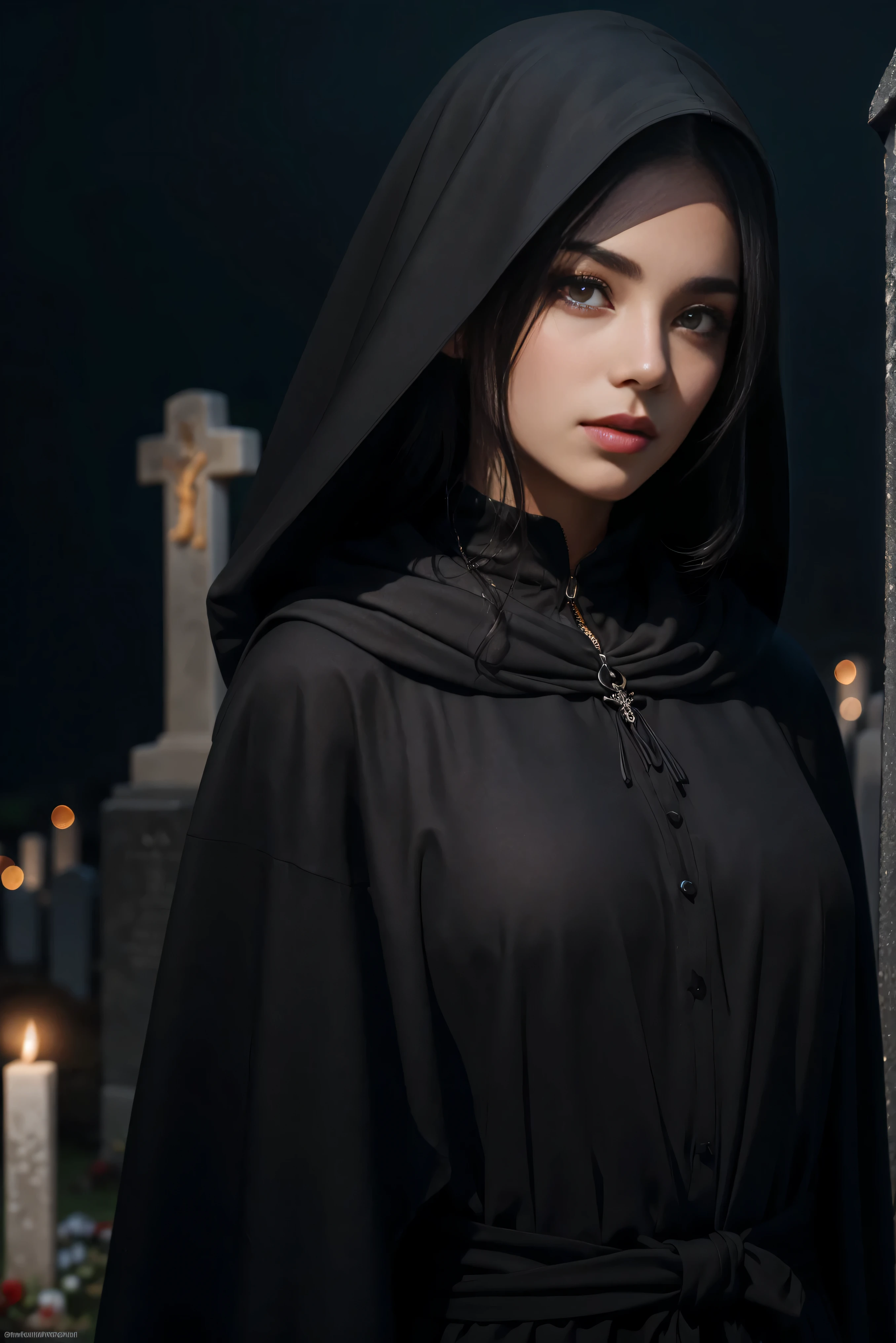 (Best Quality, (High resolution:1.2), Ultra-detailed, Realistic portrait, female necromancer, long black cloak, beautiful face, dark background, cemetery, depth of field, long black hair, night time, full body