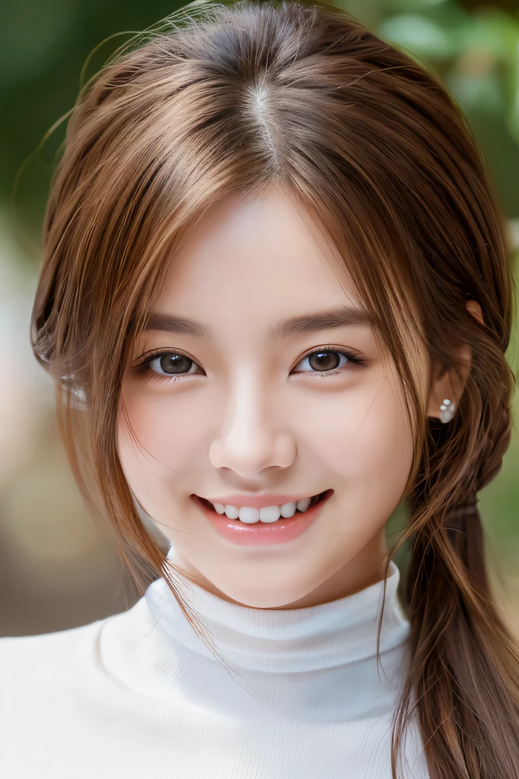 highest quality, masterpiece, (realistic:1.4), 1 girl, smiling eyes, (Ulchan-6500-v1.1:1.0), brown hair, black eye, 18-year-old, Beautiful woman, actress, white turtleneck,