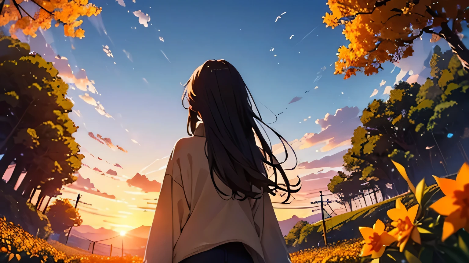 vast landscape photography、(view from below、Shows the sky above and below)、High resolution、highest quality、Super detailed、makoto shinkai、sunset、A girl wearing a turtleneck sweater and facing backwards、Brown long hair、utility pole、electric wire、Orange flowers are blooming on the Osmanthus tree、Lens bokeh、autumn atmosphere