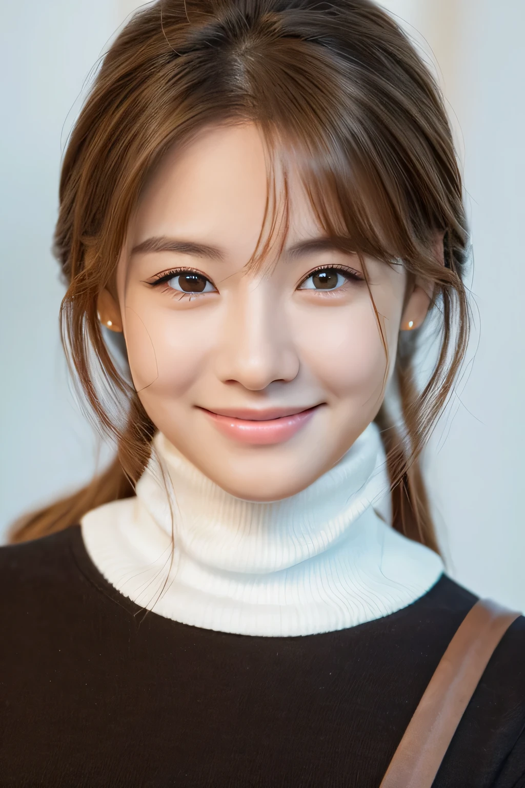 highest quality, masterpiece, (realistic:1.4), 1 girl, smiling eyes, (Ulchan-6500-v1.1:1.0), brown hair, black eye, 18-year-old, Beautiful woman, actress, white turtleneck,
