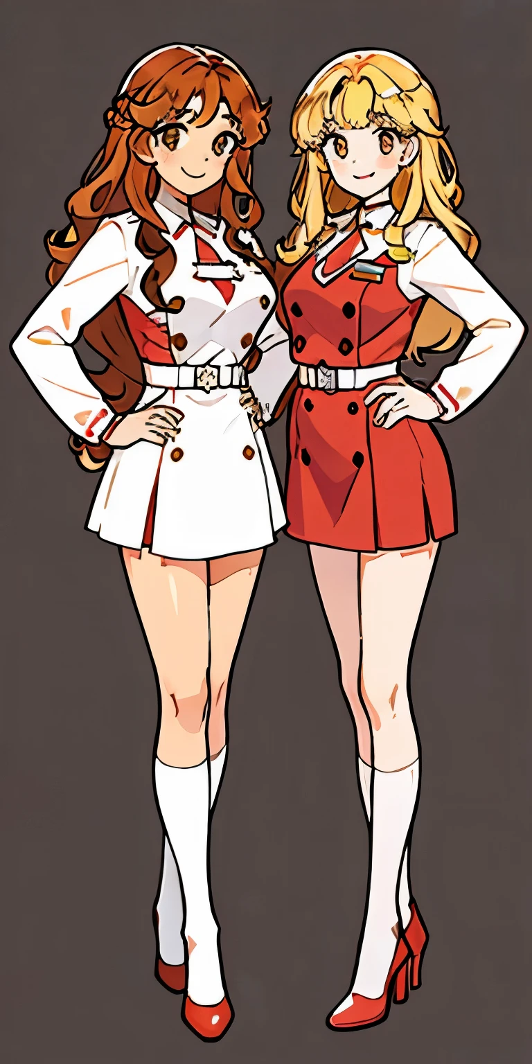 woman, brown hair, curly hair, long hair, hazel eyes, very detailed, smile, nurse's uniform, white  uniform, red high heels, costumes of the same color, full body shot, ((matching outfit, same outfit)), brown hair, blonde hair, different hair colors, twin sisters