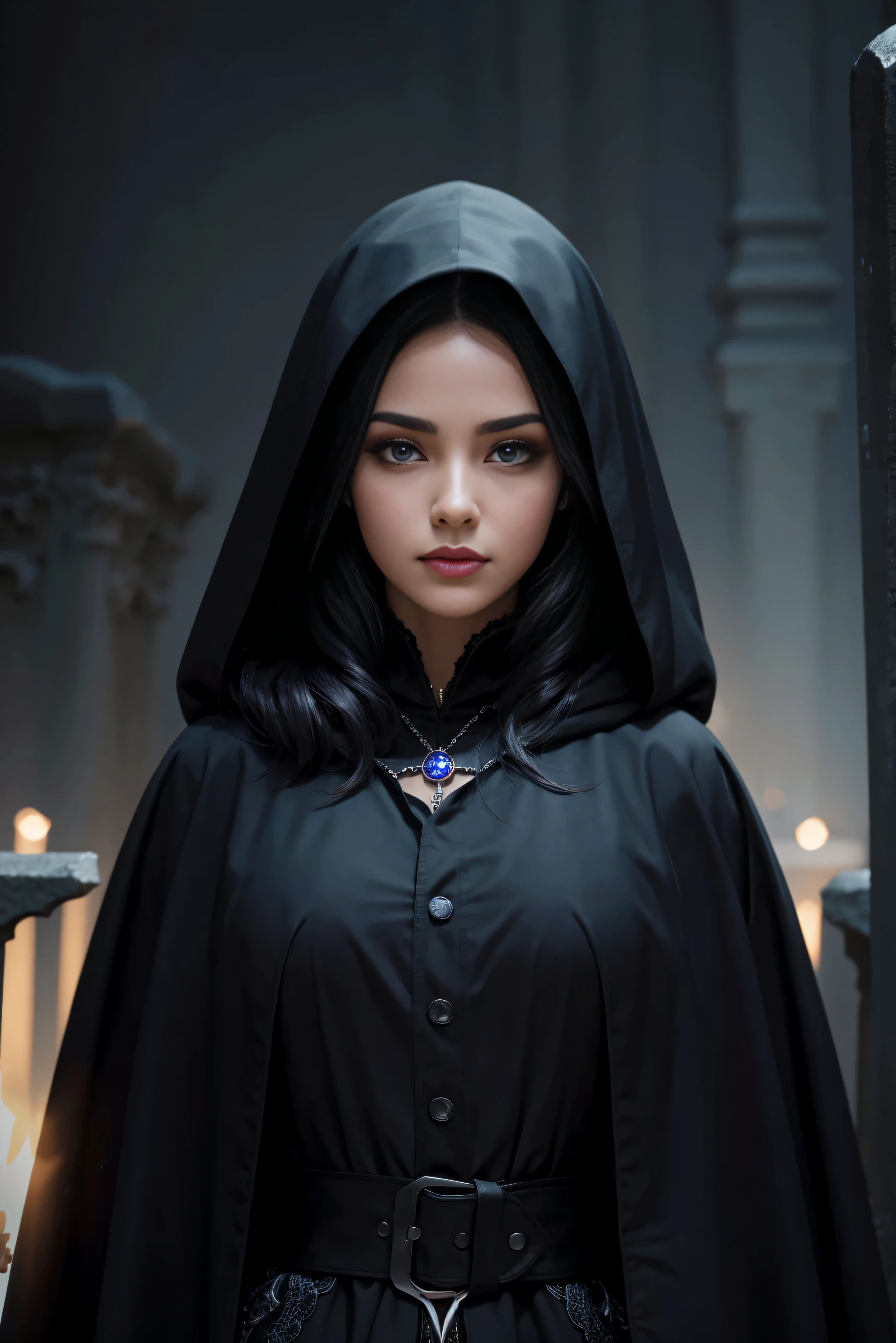 (Best Quality, (High resolution:1.2), Ultra-detailed, Realistic portrait, female necromancer, long black cloak, beautiful face, dark background, cemetery, depth of field, long black hair, night time, full body, violet eyes