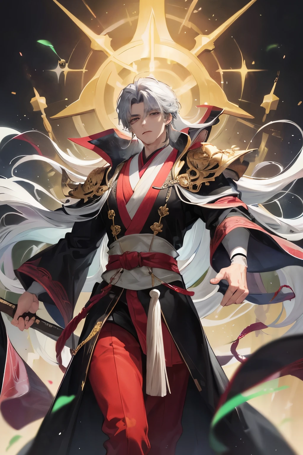 Draw a vibrant and captivating picture of the male protagonist Dongfang Bubai, the legendary martial arts master from the novel, with a palette of rich colors. His long, flowing silver hair cascades down his broad shoulders, framing his chiseled and sternly handsome face. His deep-set, piercing black eyes gleam with an intensity that belies his calm composure.
Dongfang Bubai wears an ornate and elegant robe of deep purple, adorned with intricate gold and jade embroidery. The robe flows gracefully around his toned and powerful physique, exuding an aura of both grace and strength. His