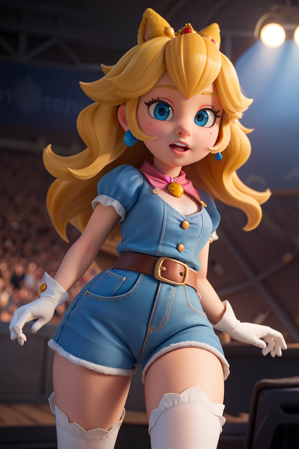 detailed textures in high quality, princess peach,rabbit fursuit, on stage, view crotch,looking at the viewer