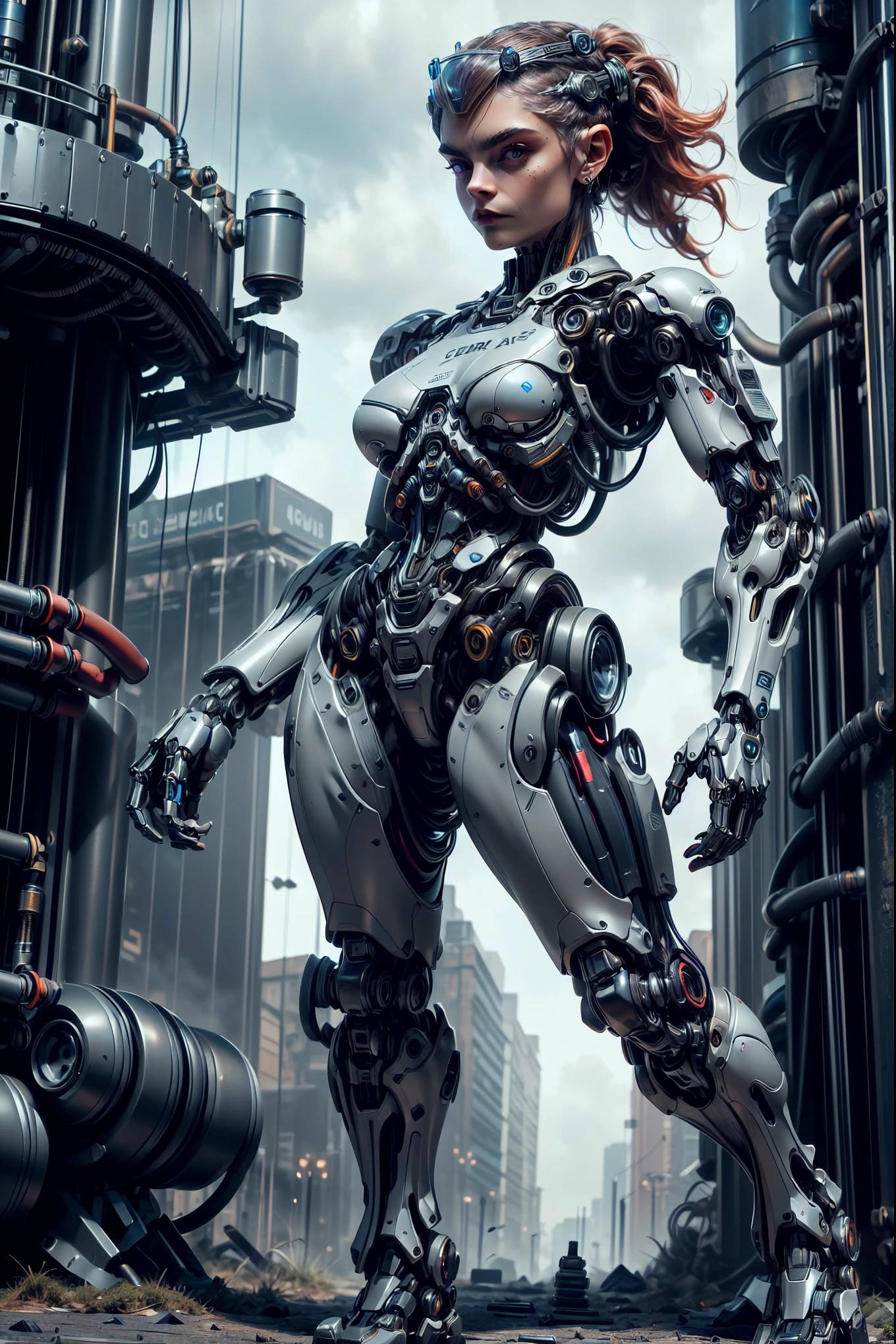 (1 girl), (beautiful cyborg queen looking at camera:1.25), (cara delevingne:1.25), (robotic mechanical physique:1.25), (full body pose:1.25), (covered in cables and mechanical muscles:1.25), (android muscular anatomy:1.25), (perfect fingers:1.25),(8k, RAW photo, photorealistic:1.25), sci fi atmosphere, futuristic Technopolis, alien landscape,