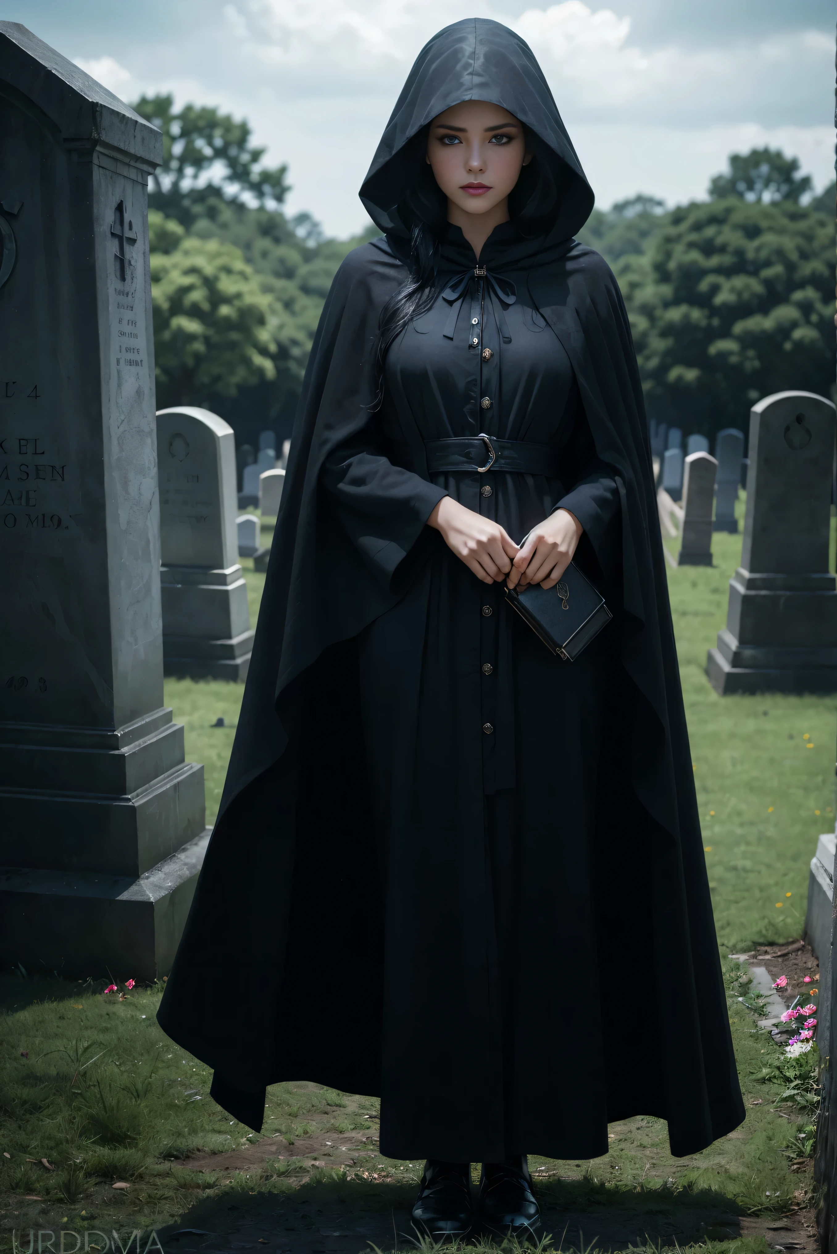 (Best Quality, (High resolution:1.2), Ultra-detailed, Realistic portrait, female necromancer, long black cloak, beautiful face, dark background, cemetery, depth of field, long black hair, night time, full body, blue eyes