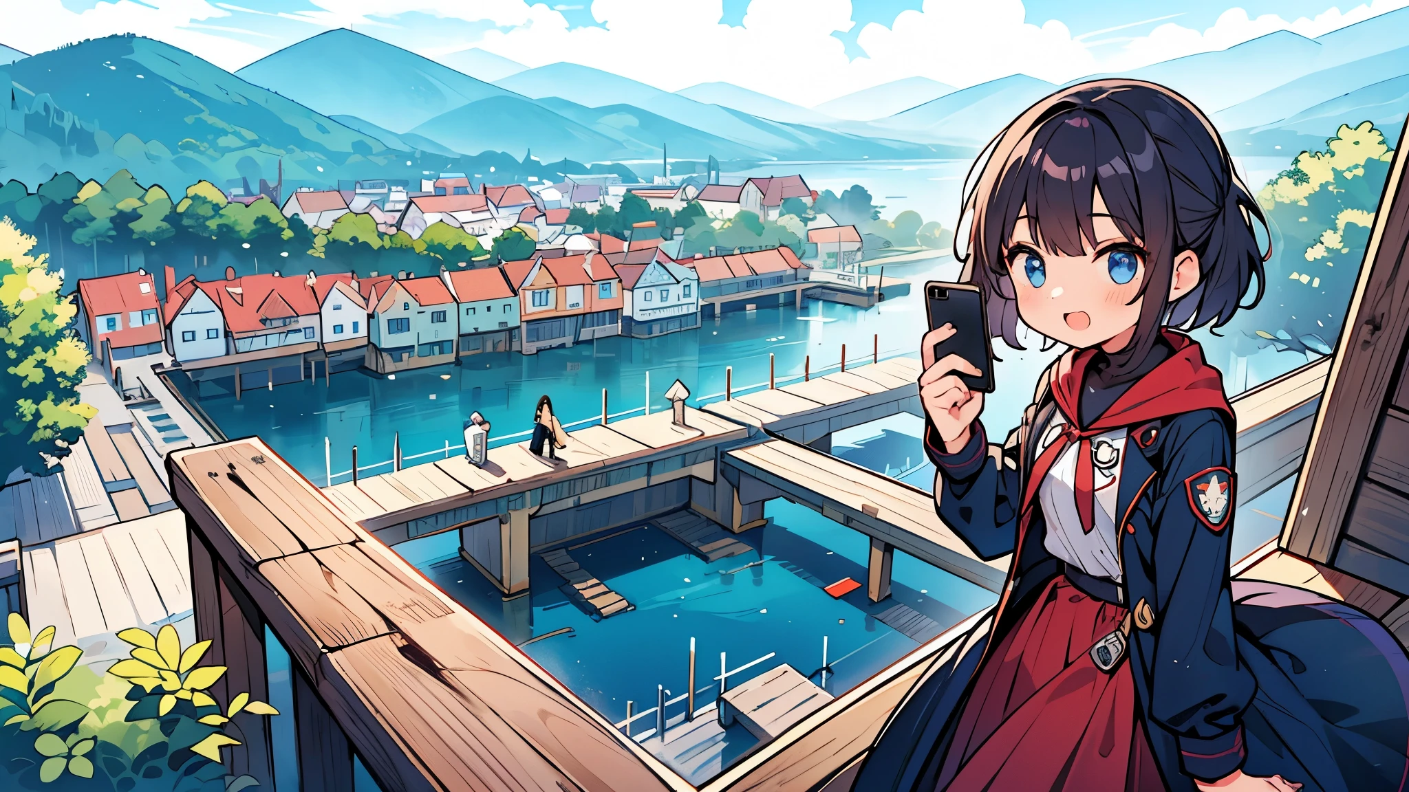 Girl taking a selfie at the observation deck on top of the mountain、You can see the sea and town in the distance