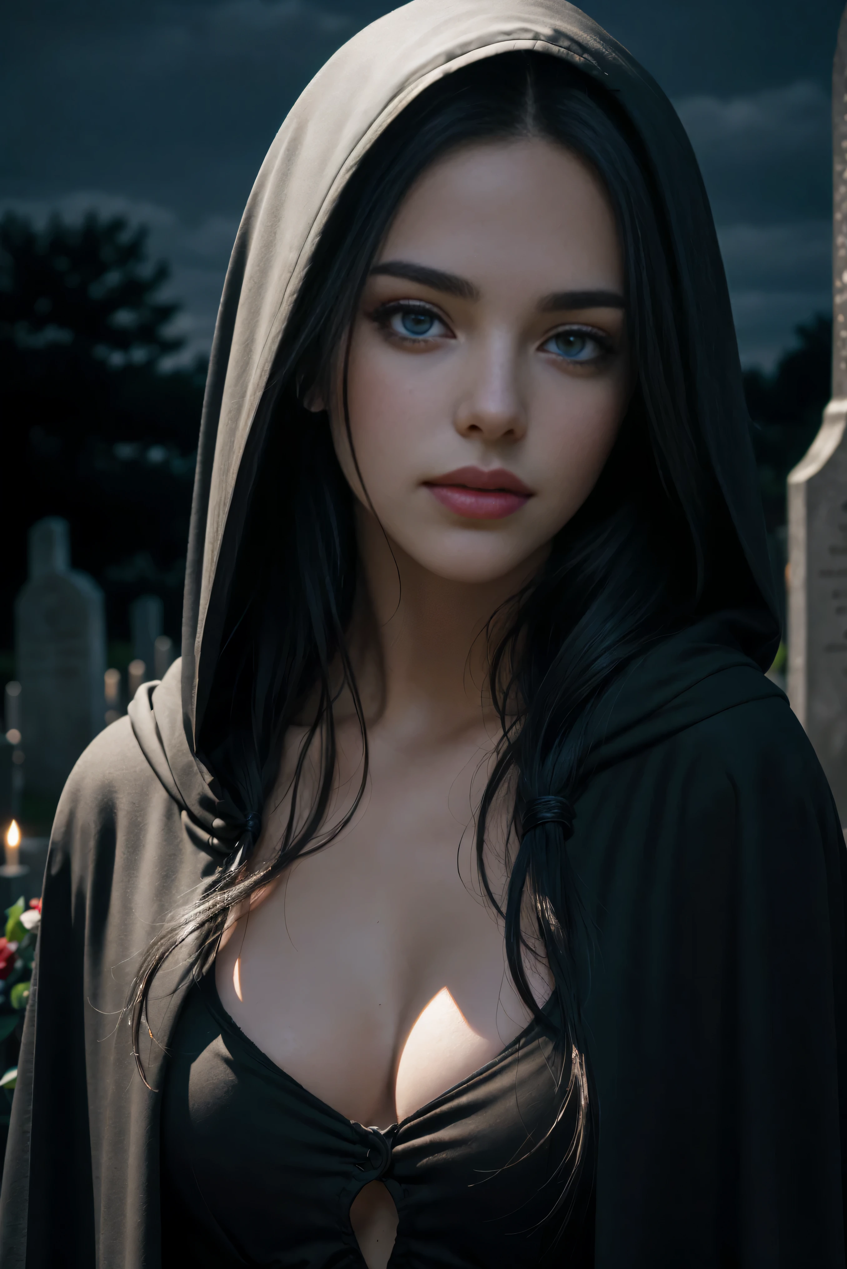 (Best Quality, (High resolution:1.2), Ultra-detailed, Realistic portrait, female necromancer, long black cloak, beautiful face, dark background, cemetery, depth of field, long black hair, night time, blue eyes, very cute