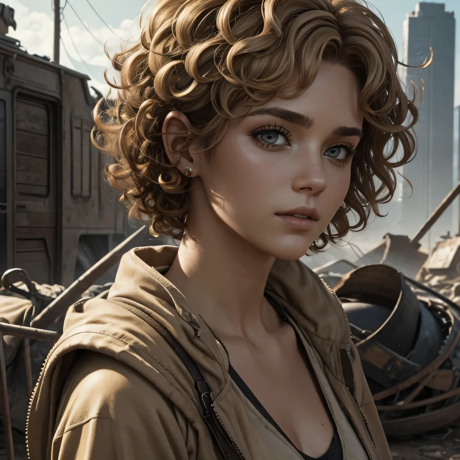 highly detailed, woman, beige hair, short curly hair, post-apocalyptic world