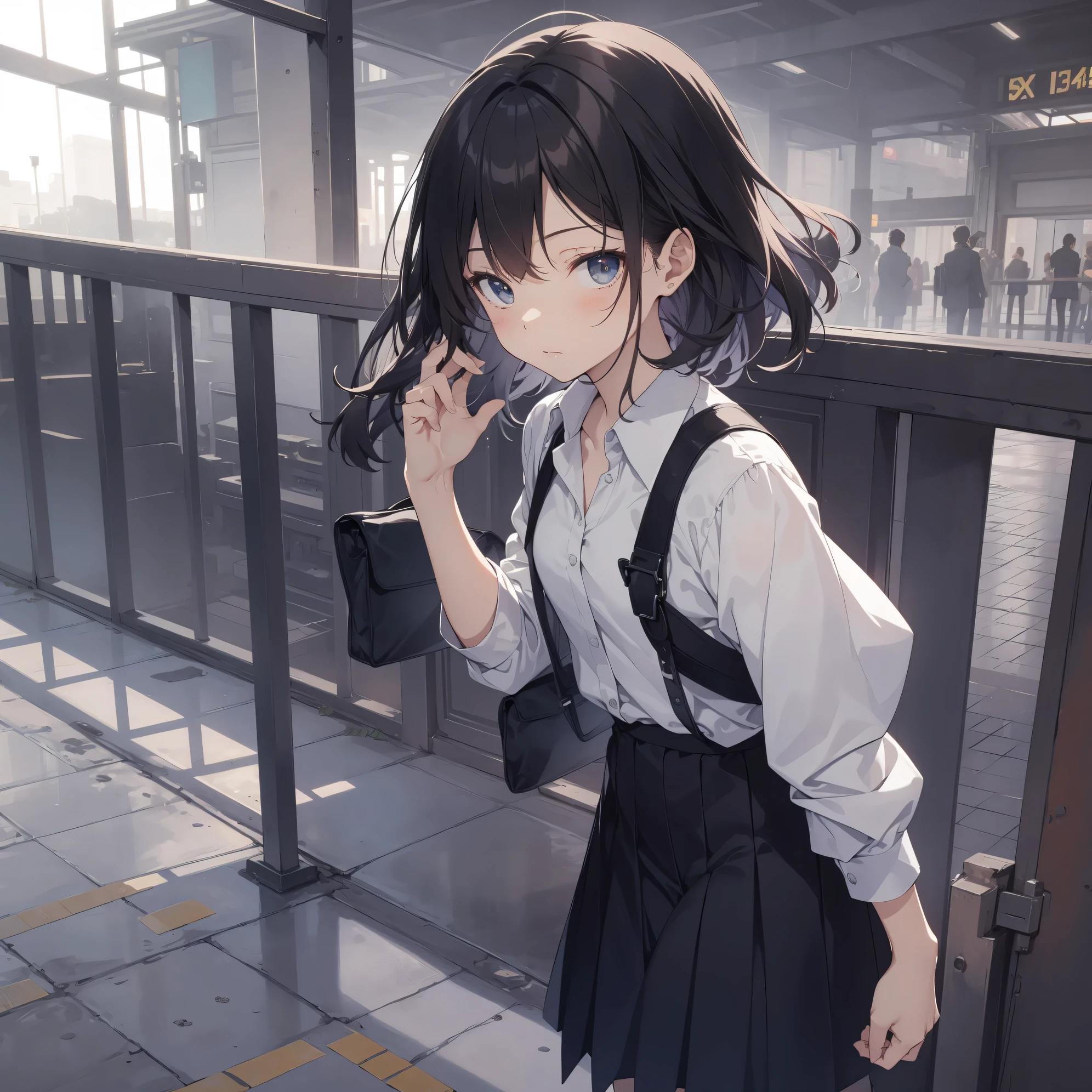 Super high quality by the art god, super detailed, High resolution, AI generated, anime moe art style, best anime 8K konachan wallpaper, pixiv contest winner, perfect anatomy, break,(眠そうにalone学校へ行く女の子を描いてください. ),break, 1 girl, (alone,lolita, , 13 years old:1.3),All limbs, full finger,, androgynous charm, (very short hair), messy hair, flat chest, Because I'm slender, small ass, between legs, Small black eyes, beautiful and fine eyes, Well-proportioned iris and pupils, expressive eyes,disgusted eyes, High resolutionの詳細な髪, wearing school uniform, (skirt),(detailed lighting), (detailed background), On the way to school. break,super dense skin, Best lighting by famous artists, 8K, figure,UHD, rough skin