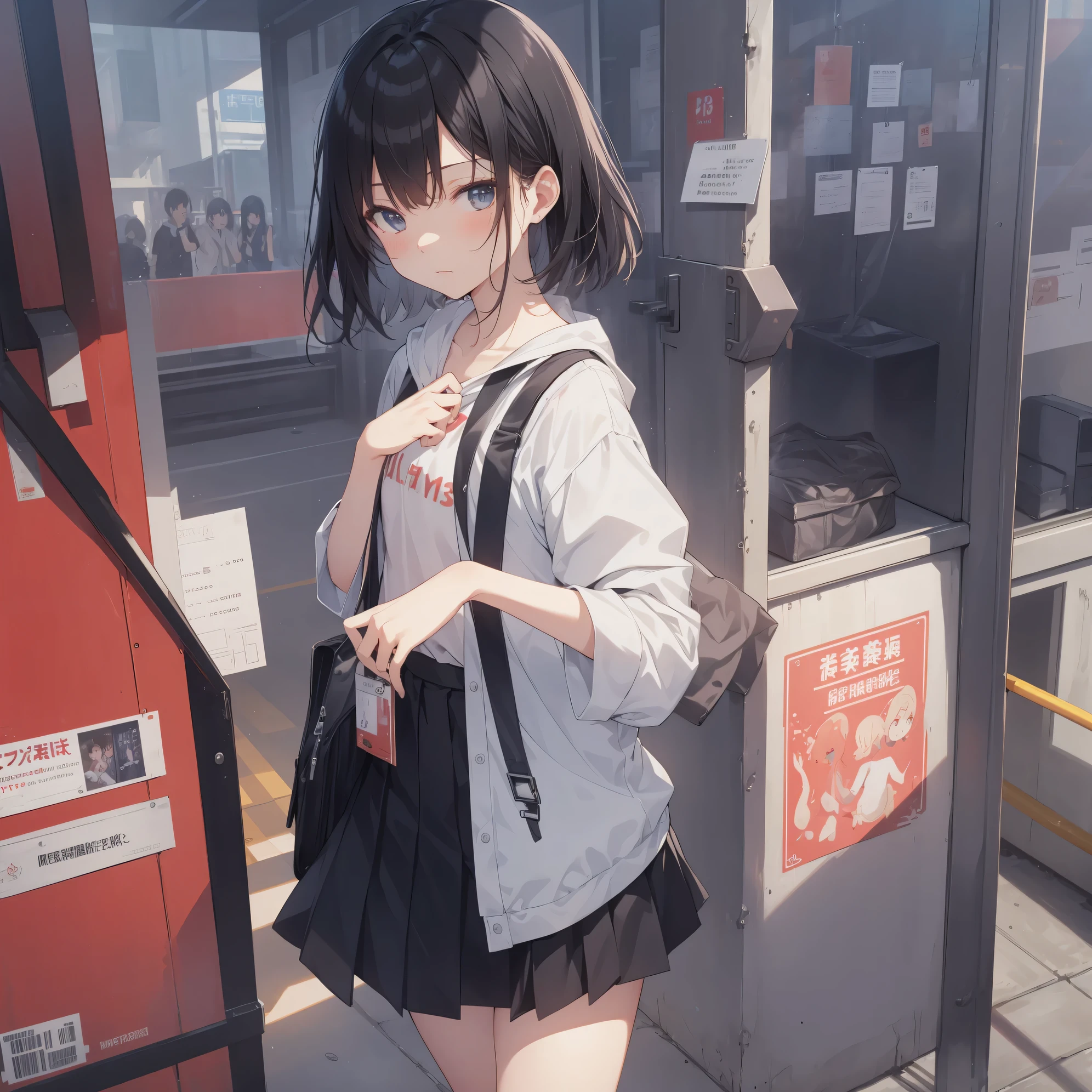 Super high quality by the art god, super detailed, High resolution, AI generated, anime moe art style, best anime 8K konachan wallpaper, pixiv contest winner, perfect anatomy, break,(眠そうにalone学校へ行く女の子を描いてください. ),break, 1 girl, (alone,lolita, , 13 years old:1.3),All limbs, full finger,, androgynous charm, (very short hair), messy hair, flat chest, Because I'm slender, small ass, between legs, Small black eyes, beautiful and fine eyes, Well-proportioned iris and pupils, expressive eyes,disgusted eyes, High resolutionの詳細な髪, wearing school uniform, (skirt),(detailed lighting), (detailed background), On the way to school. break,super dense skin, Best lighting by famous artists, 8K, figure,UHD, rough skin