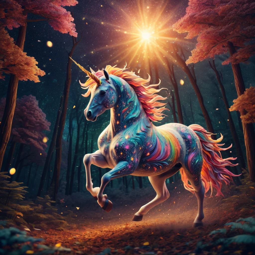 stunning "ponytailed (warm light unicorn:1.2)", zentangle sky, origami forest, starry sky, sparkles in the sky, speed up, raimbow, fantasy, 3d crunch, cinematic, in the forest, action, emotive, furious unicorn stud, run, be free, now is you time, scape!!