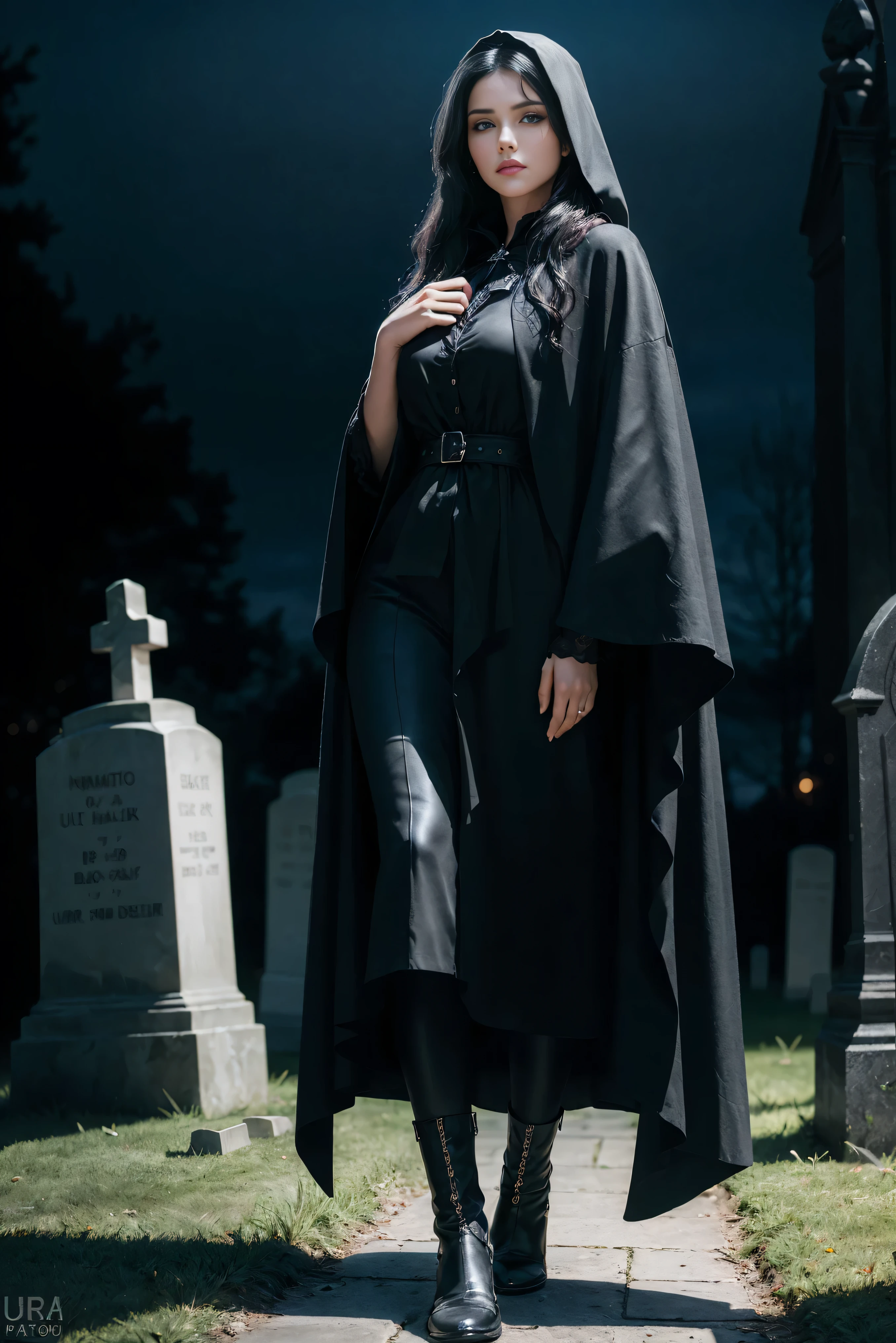 (Best Quality, (High resolution:1.2), Ultra-detailed, Realistic portrait, female necromancer, long black cloak, beautiful face, dark background, cemetery, depth of field, long black hair, night time, full body, blue eyes