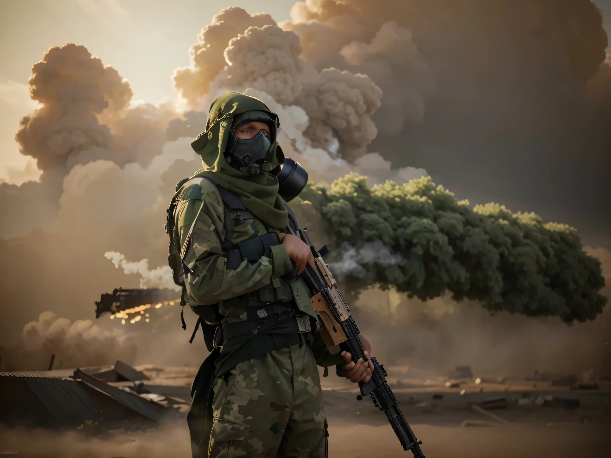 Soldado masculino, His head is covered by a green kufiya scarf., skin with green marks from chemical burns, beige military uniform with lime green details stained with chemical green, Sosteniendo un rifle de asalto, nube verde toxica, cielo verdoso, fire and a lot of green toxic smoke, 4k, ultra detallado image, Realista, muy detallado, perfect composition, gorgeous, Intrincadamente detallado, incredibly detailed, 8 k artistic photography, hiper detallado, obra maestra, ultra detallado, hyper Realista, 4k, ultra detallado image, Realista, muy detallado, perfect composition, hermoso, Intrincadamente detallado, incredibly detailed, 8K fine art photography, hiper detallado, obra maestra