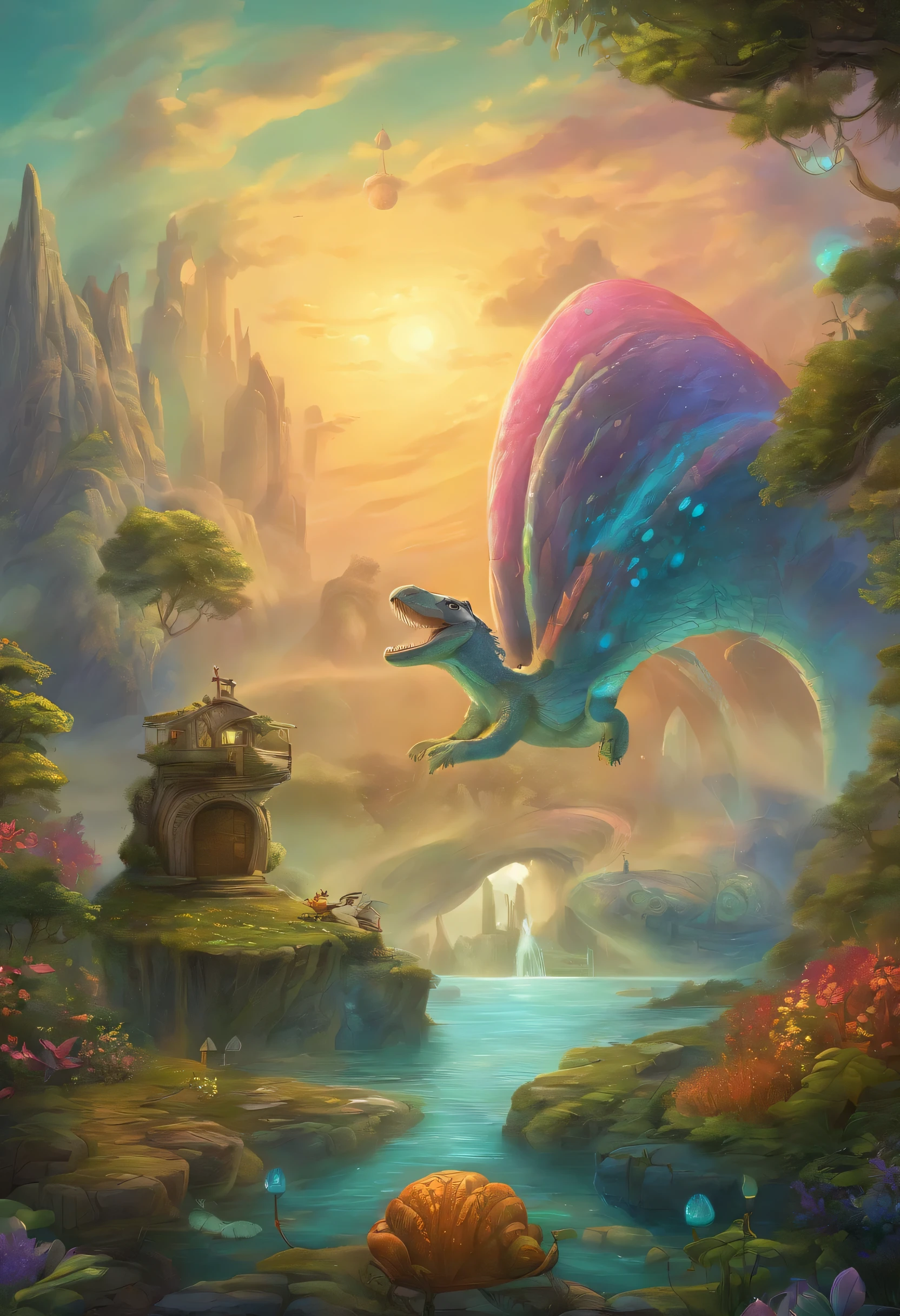 Generate a vibrant and whimsical cartoon showcasing a spaceship and a dinosaur. Draw inspiration from Jacek Yerka's dreamlike palette and Vladimir Kush's surreal concepts. Incorporate elements of pop surrealism, capturing the essence of Peter Henket's brilliance.
