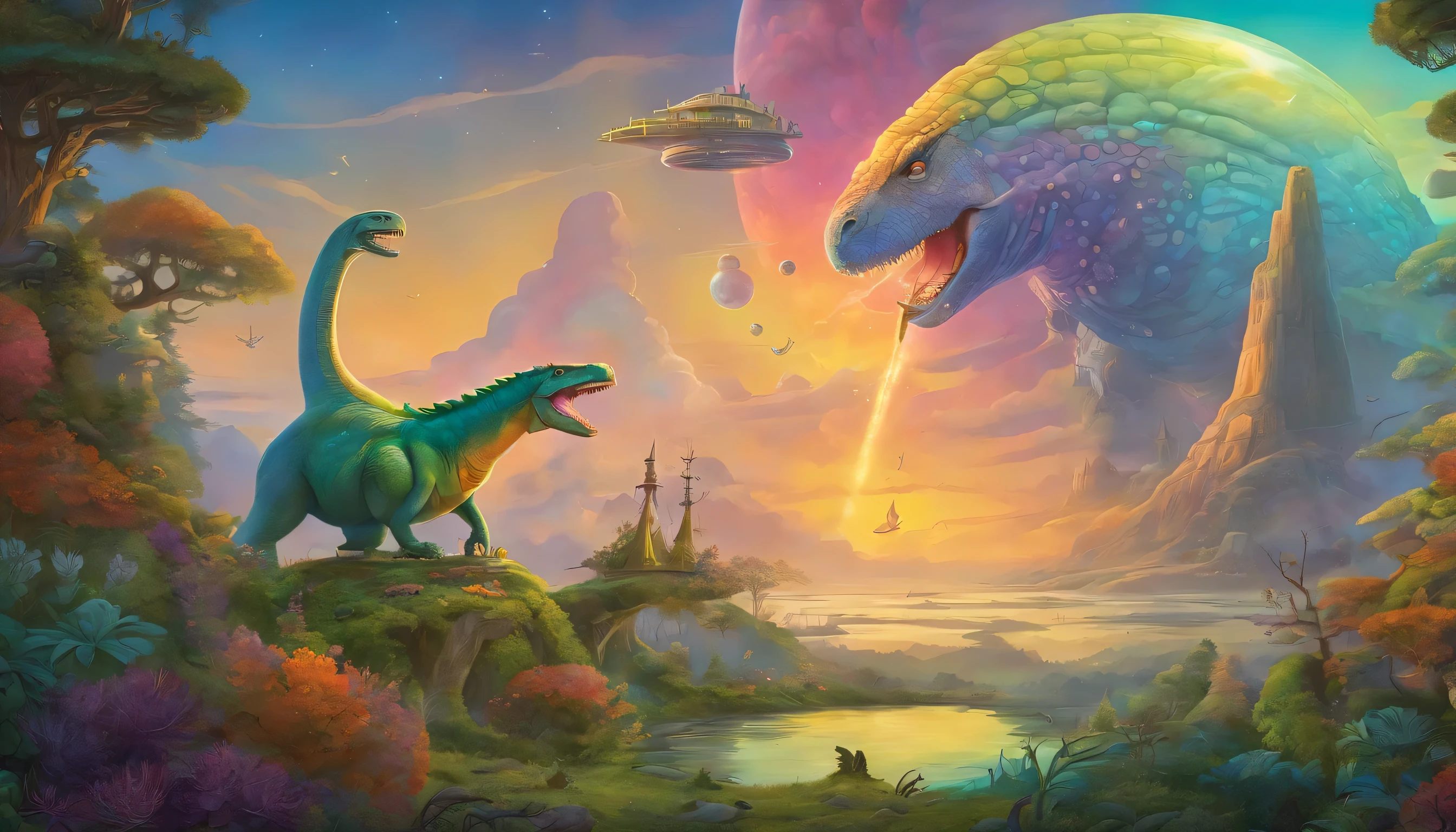 Generate a vibrant and whimsical cartoon showcasing a spaceship and a dinosaur. Draw inspiration from Jacek Yerka's dreamlike palette and Vladimir Kush's surreal concepts. Incorporate elements of pop surrealism, capturing the essence of Peter Henket's brilliance